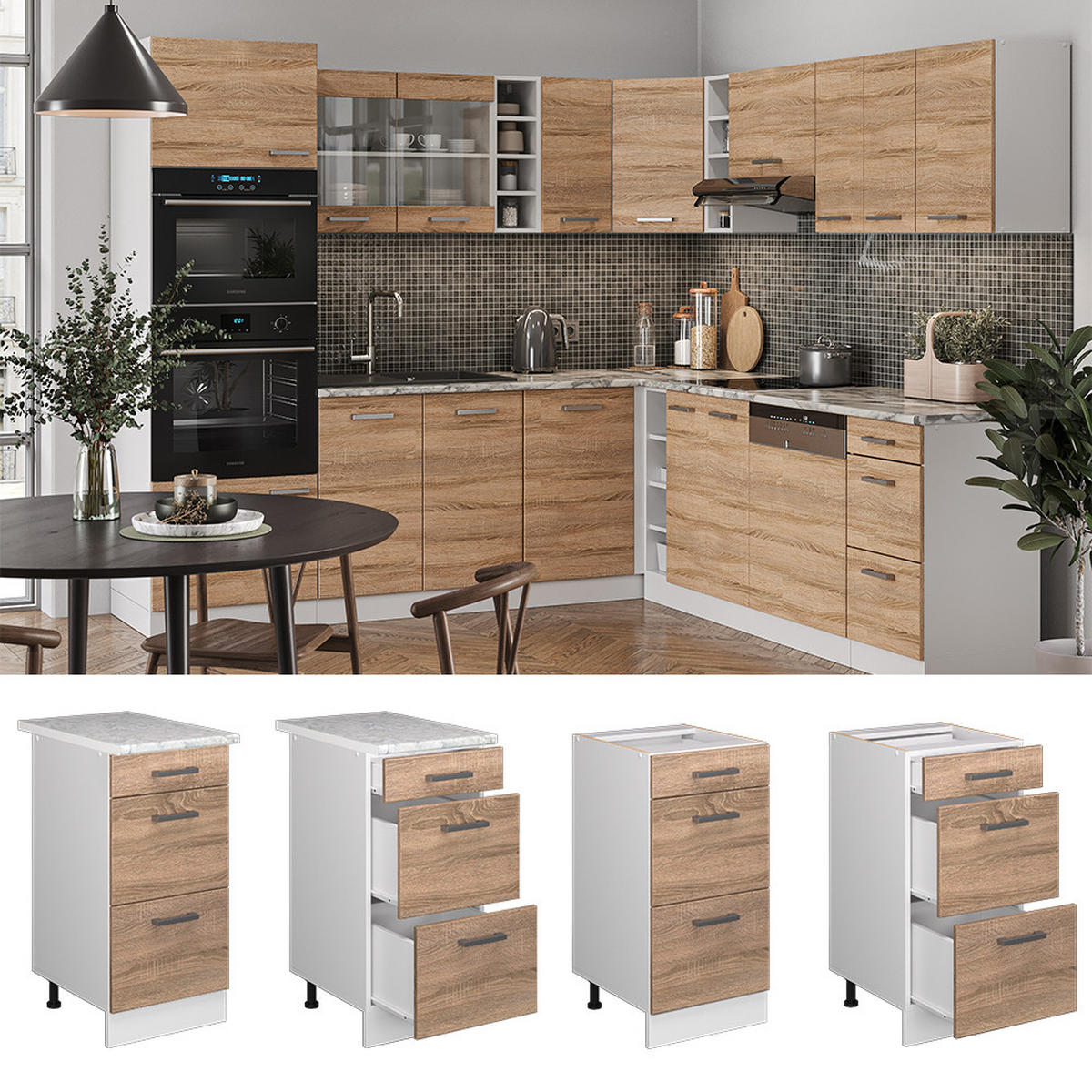 KÜCHENUNTERSCHRANK R-Line Sonoma 40 cm mit Schubladen, AP Anthrazit - Weiß/Sonoma Eiche, Holzwerkstoff (40/81.6/60cm) - Vicco