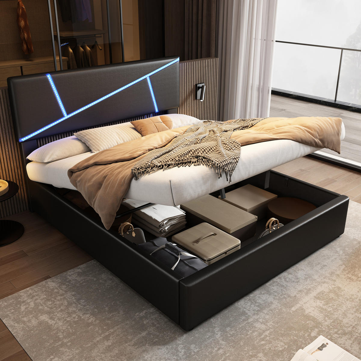 BETT mit LED und Stauraum PU Schwarz - Schwarz, Metall (140/200cm) - Meubliv