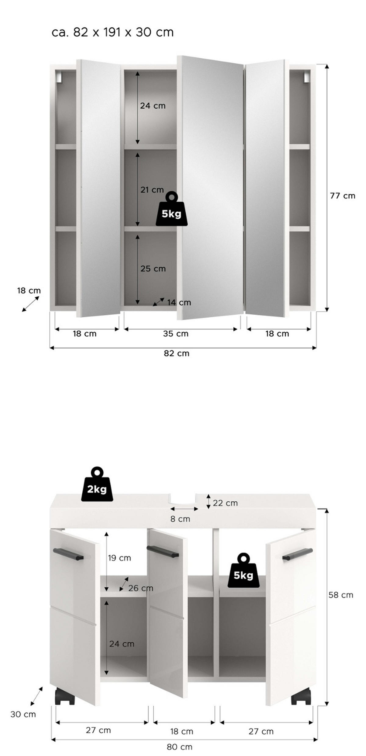 BADMÖBEL-SET weiß Hochglanz 2-teilig 82 cm, Badkombination auf Rollen - Weiß Hochglanz/Schwarz, Glas/Holzwerkstoff (82/191/30cm) - Inn.Furn