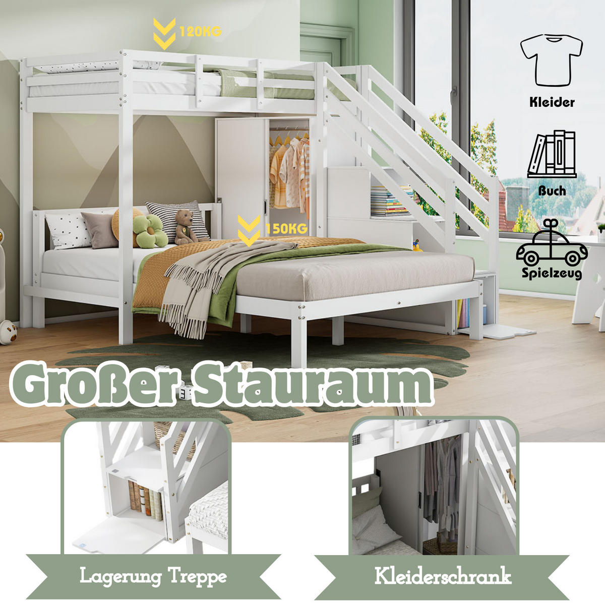 ETAGENBETT 90x200+140x200 Stauraum Treppe Weiß - Weiß, Holzwerkstoff (140/200cm) - FLIEKS