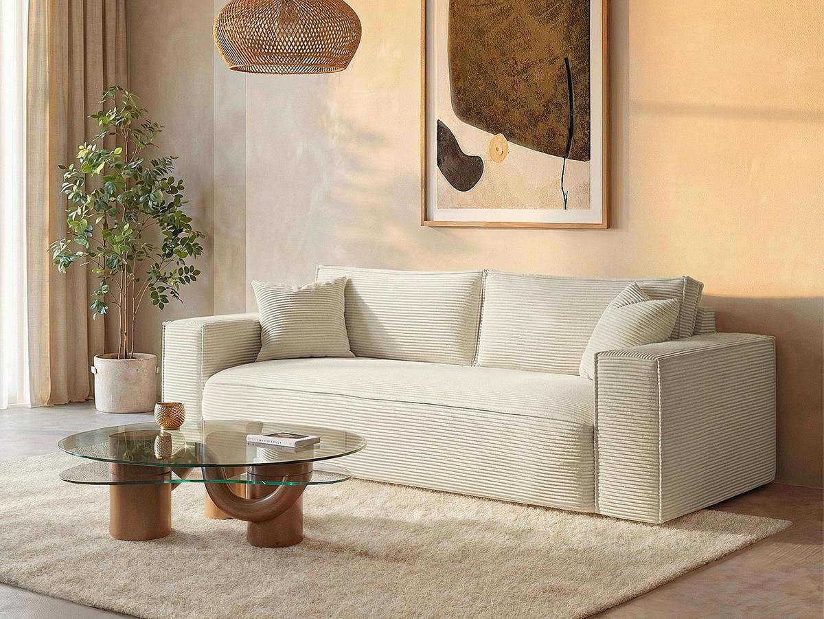 SCHLAFSOFA - 4 Personen - samt - cremefarben Amelia - Creme, Textil (236/80/105cm) - Vente-Unique