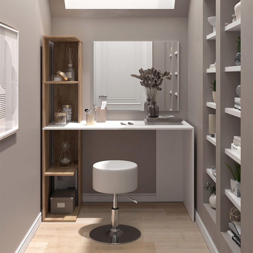 SCHMINKTISCH Tower Weiß/Sonoma 122.2 cm mit Hocker - Weiß/Sonoma Eiche, Holzwerkstoff (122.2/75.8/55.2cm) - Vicco