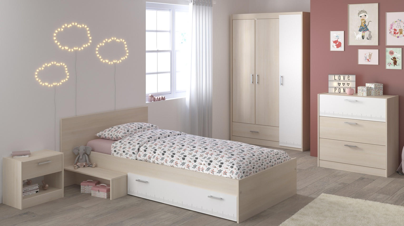 JUGENDZIMMER Set 4-tlg Kleiderschrank Kommode Bett 90 x 200 cm - Silberfarben/Weiß, Holz/Holzwerkstoff (90/179/200cm) - Parisot Meuble