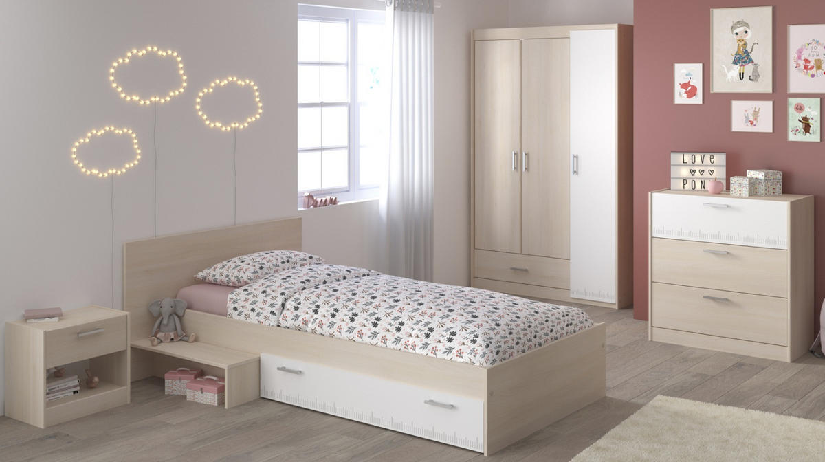 JUGENDZIMMER Set 4-tlg Kleiderschrank Kommode Bett 90 x 200 cm - Silberfarben/Weiß, Holz/Holzwerkstoff (90/179/200cm) - Parisot Meuble