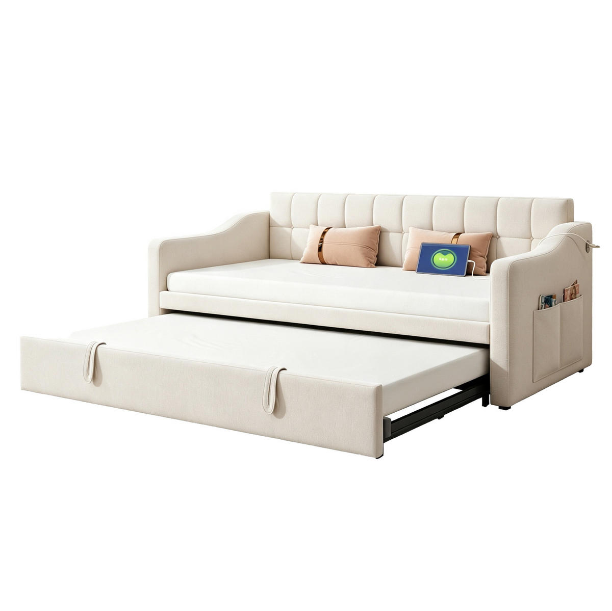 POLSTERBETT Schlafsofa aus Samt 90x190 cm Beige ausziehbar mit USB-Anschlüssen - Beige, Textil (90/190cm) - Modfu