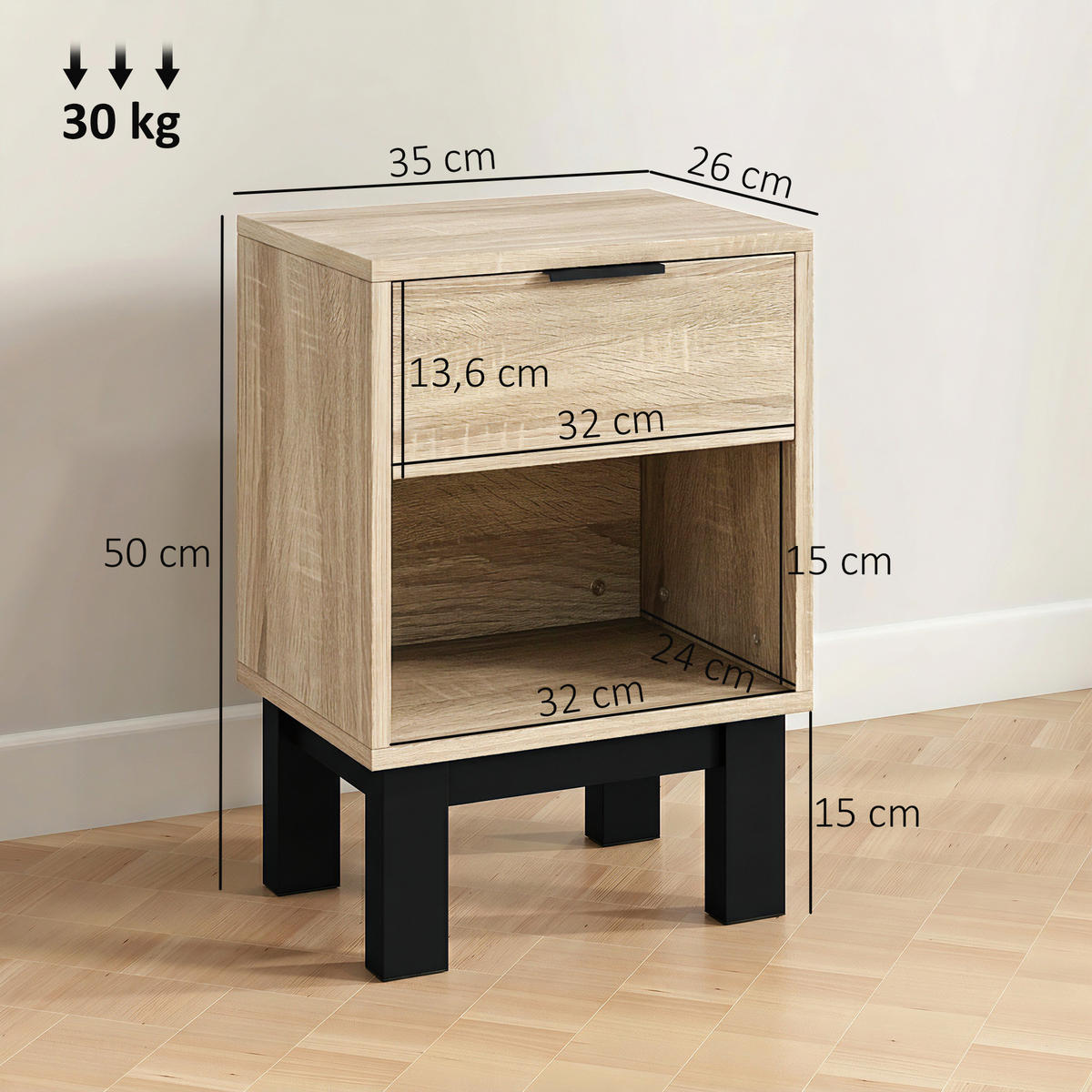 NACHTTISCH Eiche Spanplatte mit Schublade und offenem Fach 1er-Set - Eichefarben, Holzwerkstoff (35/50/26cm) - PANGIVO