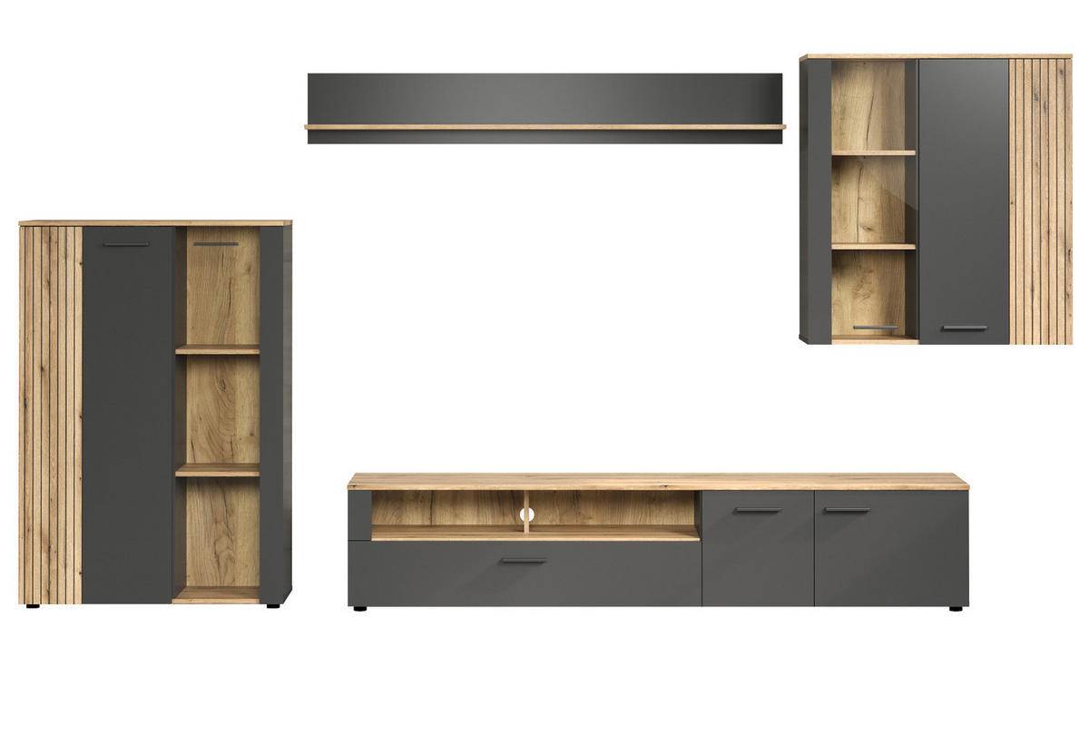 WOHNWAND grau, Evoke Eiche 4-teilig 340 cm, Schrankwand mit viel Stauraum - Eichefarben/Anthrazit, Holzwerkstoff/Kunststoff (167/25/18cm) - Top.Furn