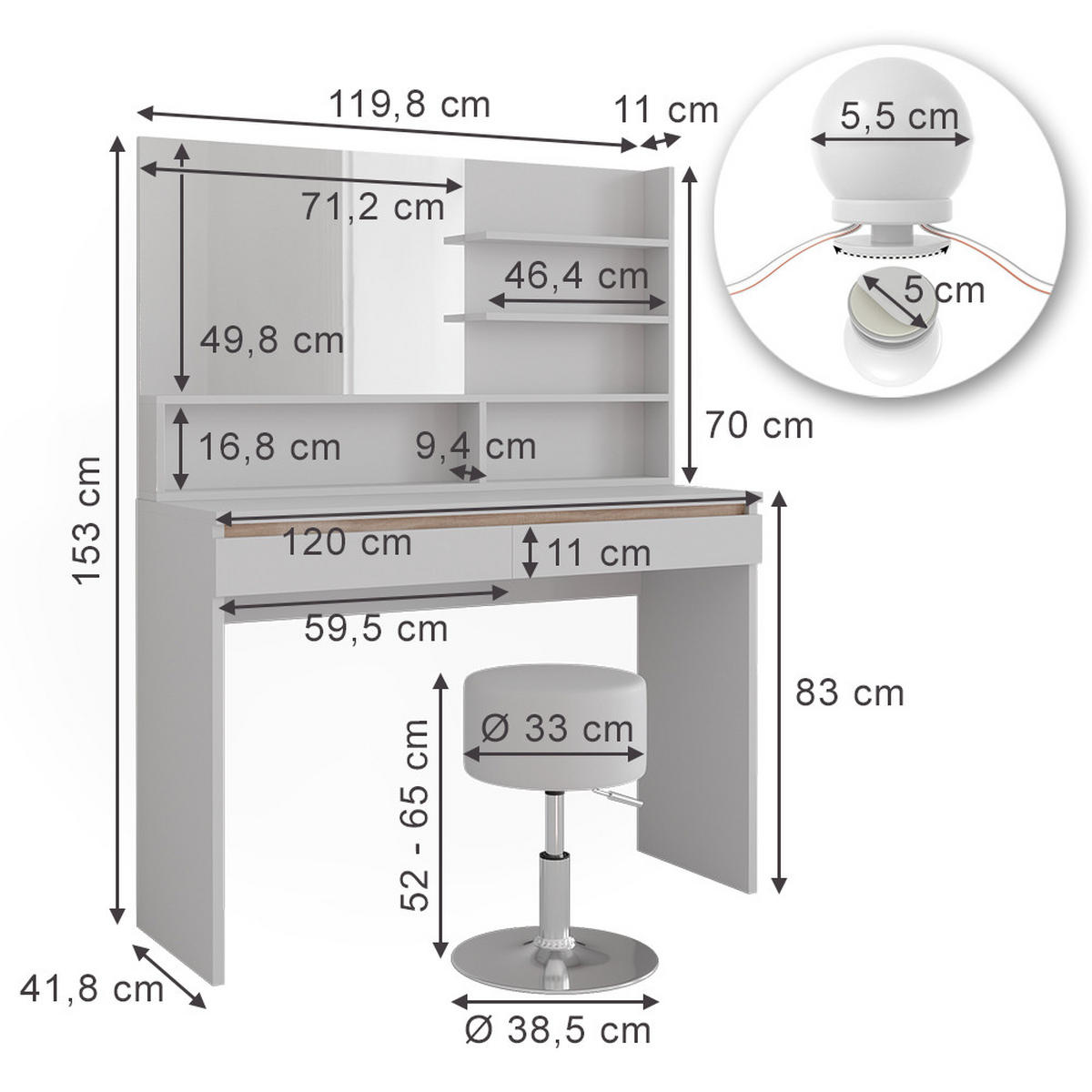 SCHMINKTISCH Emma Weiß 120 cm mit Spiegelregal, Hocker & LED-Beleuchtung - Weiß, Holzwerkstoff (120/83/41.8cm) - Vicco