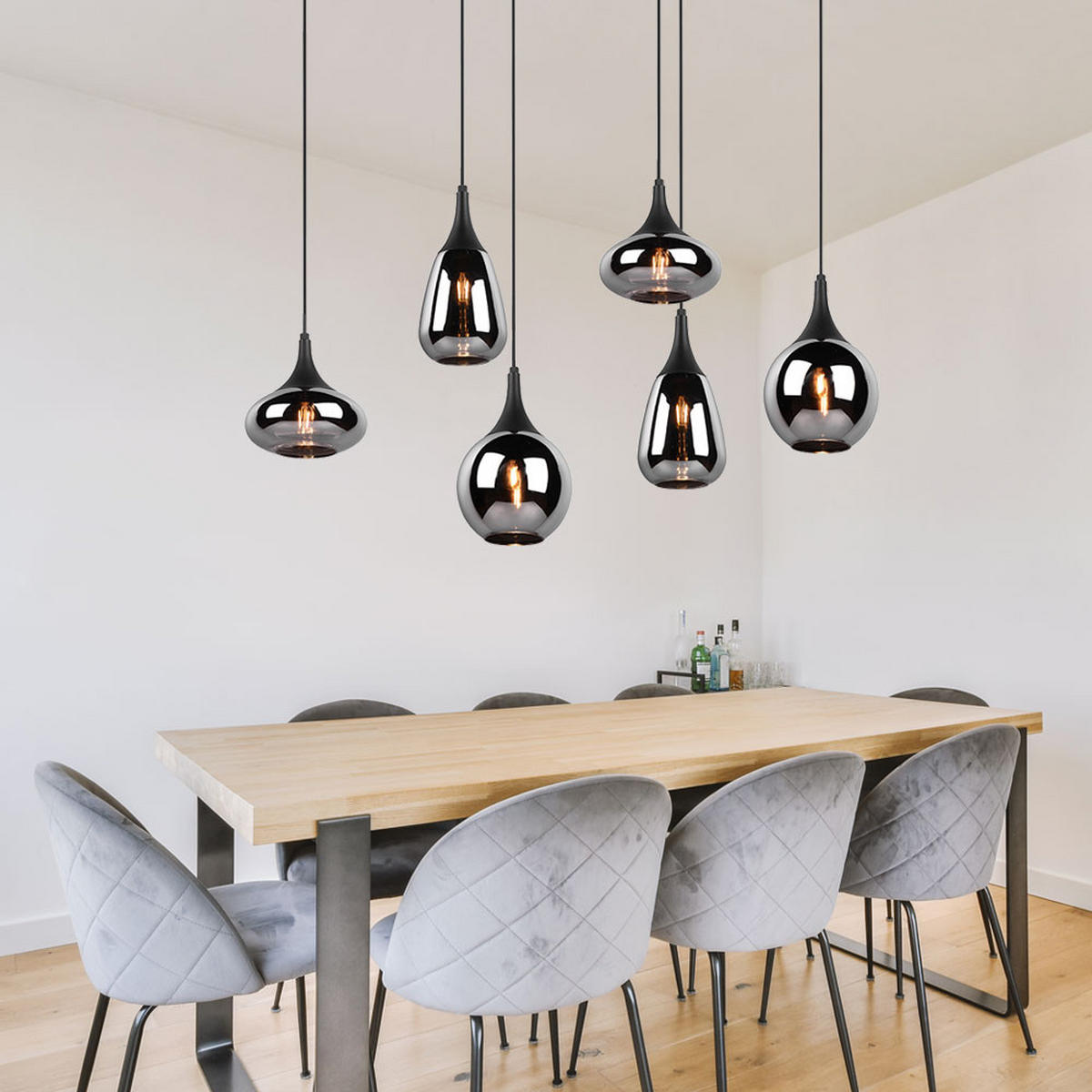 HÄNGELEUCHTE Metall Schwarz Glas Chrom 6-flammig - Schwarz, Glas (93/34/150cm)