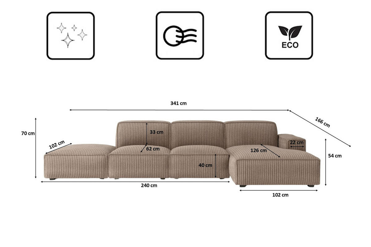 ECKSOFA Cursal L-Form, Stoff Poso, Dunkelbeige + Hocker, Rechts - Beige, Holz (341/166cm) - Kaiser Möbel