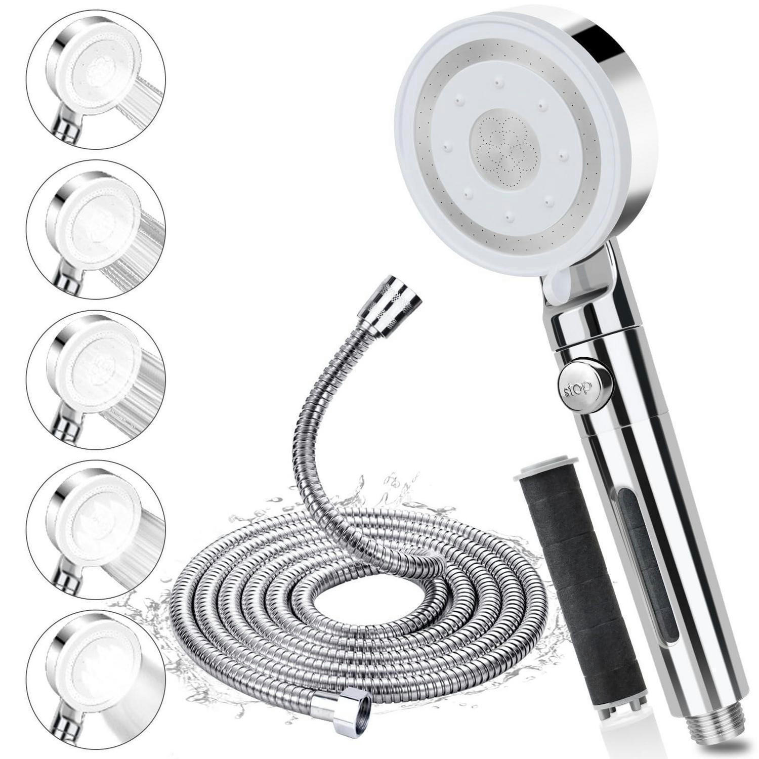 DUSCHKOPF mit Schlauch 2M 5 Strahlarten Stoppfunktion Filter Silber - Silberfarben, Metall (8/12.7/25cm)