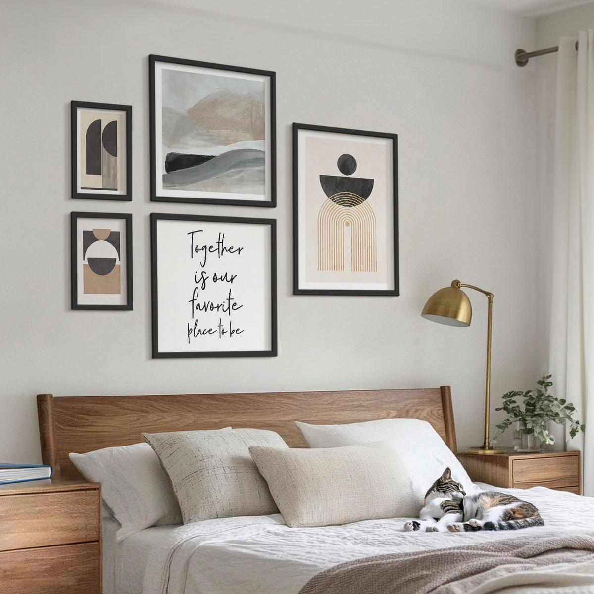 BILDER SET 5er Set - 50x50 cm & 20x30 cm & 40x60 cm Schwarzer Rahmen - Abstrakte Formen beige braun - Schwarz, Kunststoff (40/60cm) - TULUP