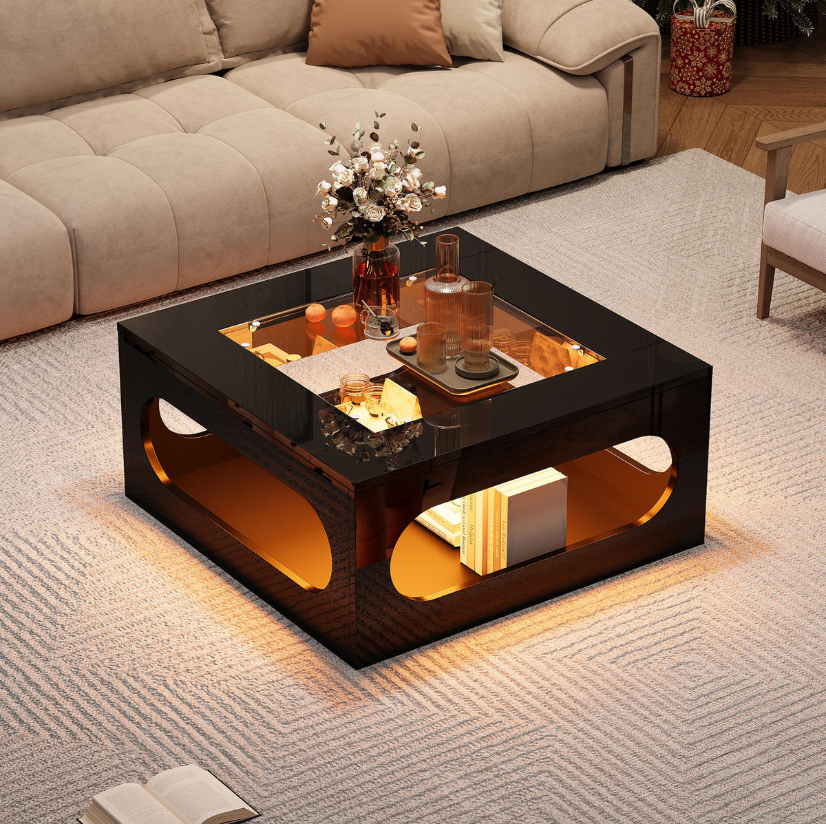 KONFERENČNÍ stolek 70/70/35 cm černý z MDF se skleněnou deskou a LED osvětlením - černá, kompozitní dřevo (70/70/35cm) - OKWISH