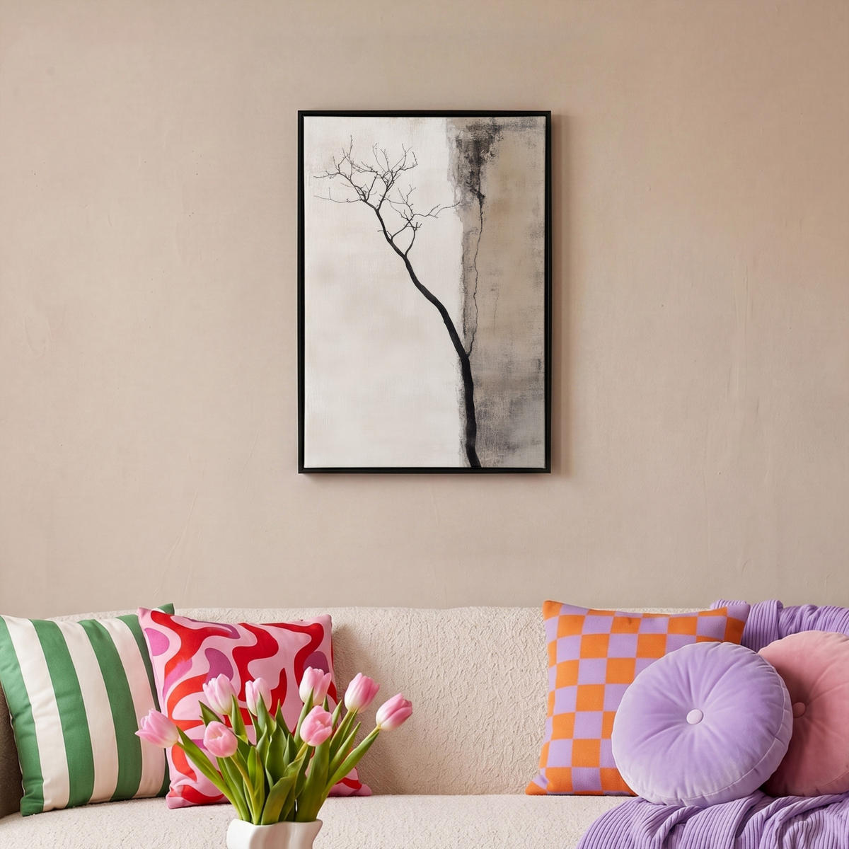 LEINWAND Bilder mit Rahmen - Wabi sabi - Pflanze - Beige - 40x60 - Taupe, Textil (40/60cm) - MuchoWow