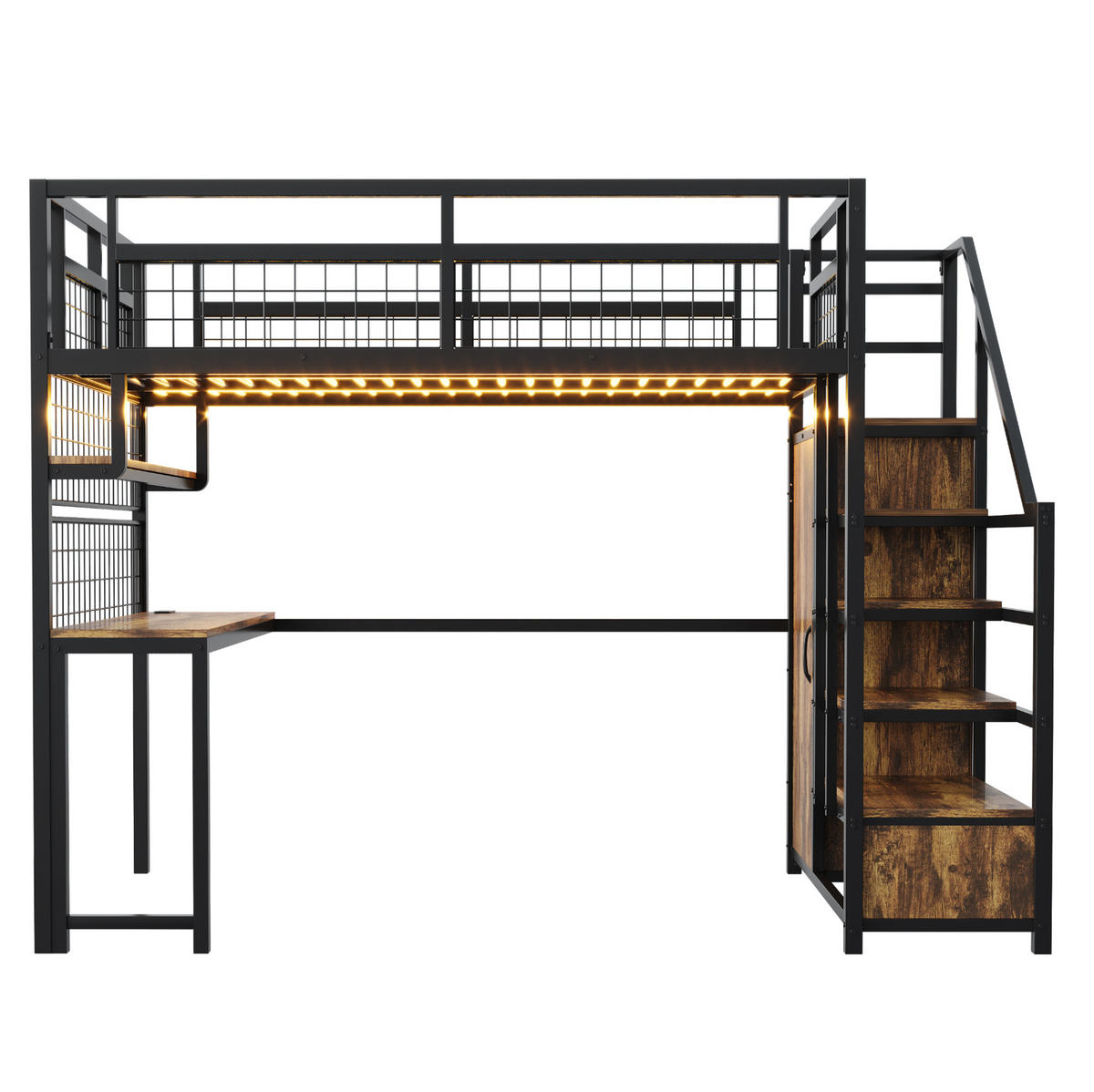VISOKA postelja 140/200 cm črna z mizo, lestvijo za shranjevanje in omaro iz kovine in MDF - črna, leseni material (140/200cm) - OKWISH