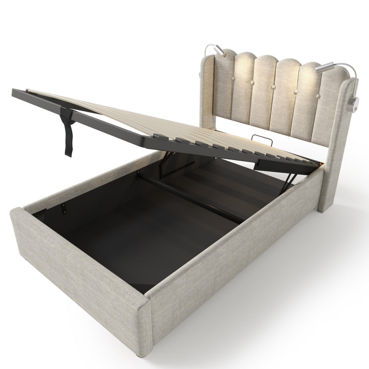 POLSTERBETT aus Leinen 90x200 cm in Beige mit Leselicht & Matratze - Beige, Textil (90/200cm) - Modfu