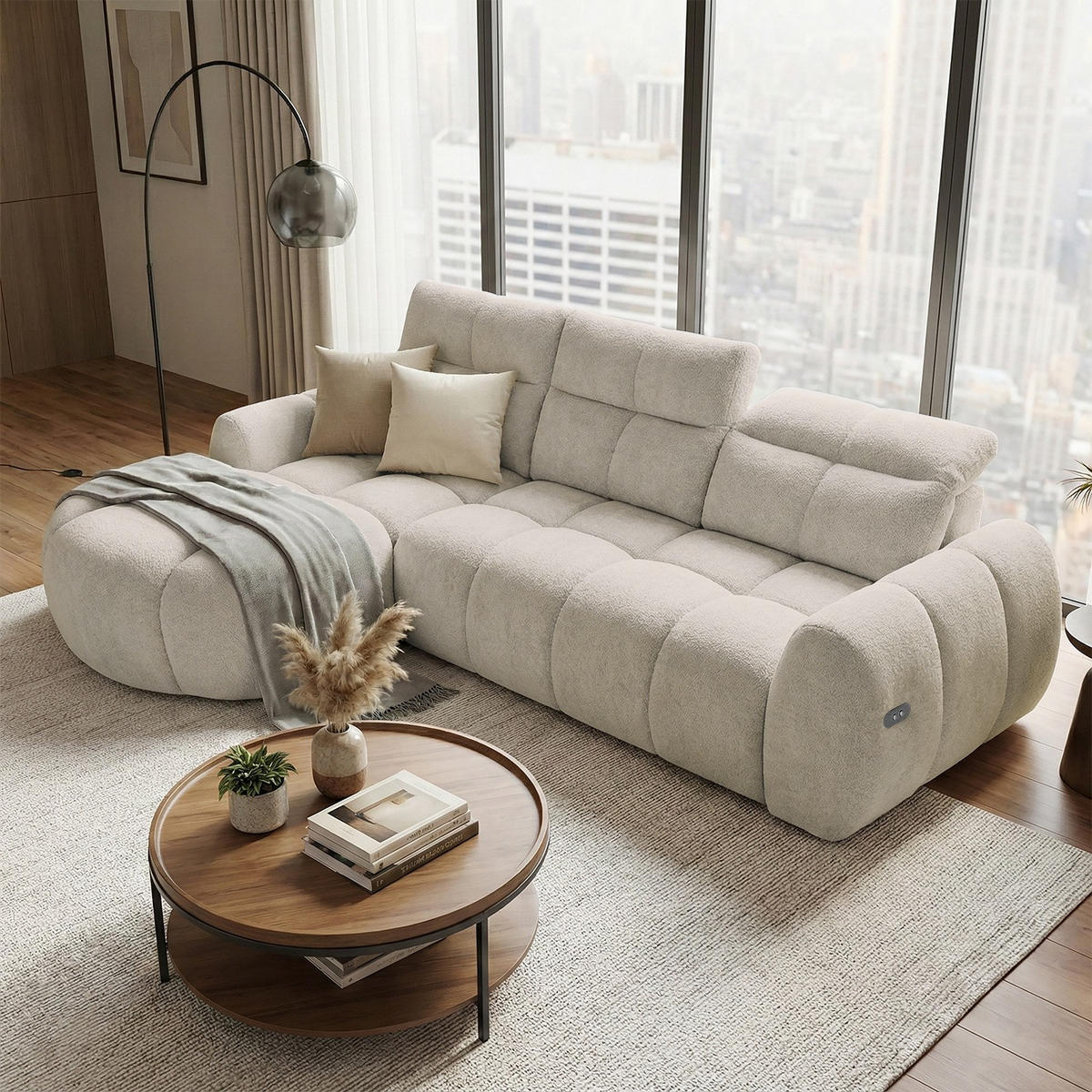 ECKSOFA Sorel Mini mit Automatisch verstellbarer Sitztiefe und Kopfstützen, links, Beige - Sandfarben, Textil (190/275cm) - Beautysofa