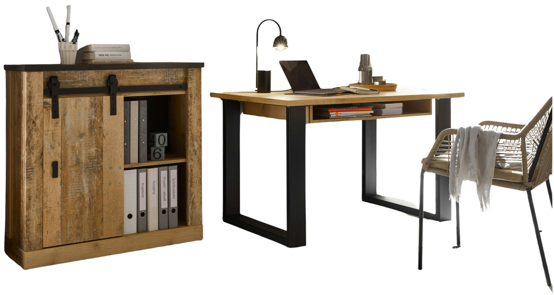 BÜROMÖBEL-SET Used Wood hell, anthrazit, mit Aktenschrank - Eichefarben/Anthrazit, Holzwerkstoff/Metall (60/220/91cm) - Furn.Design