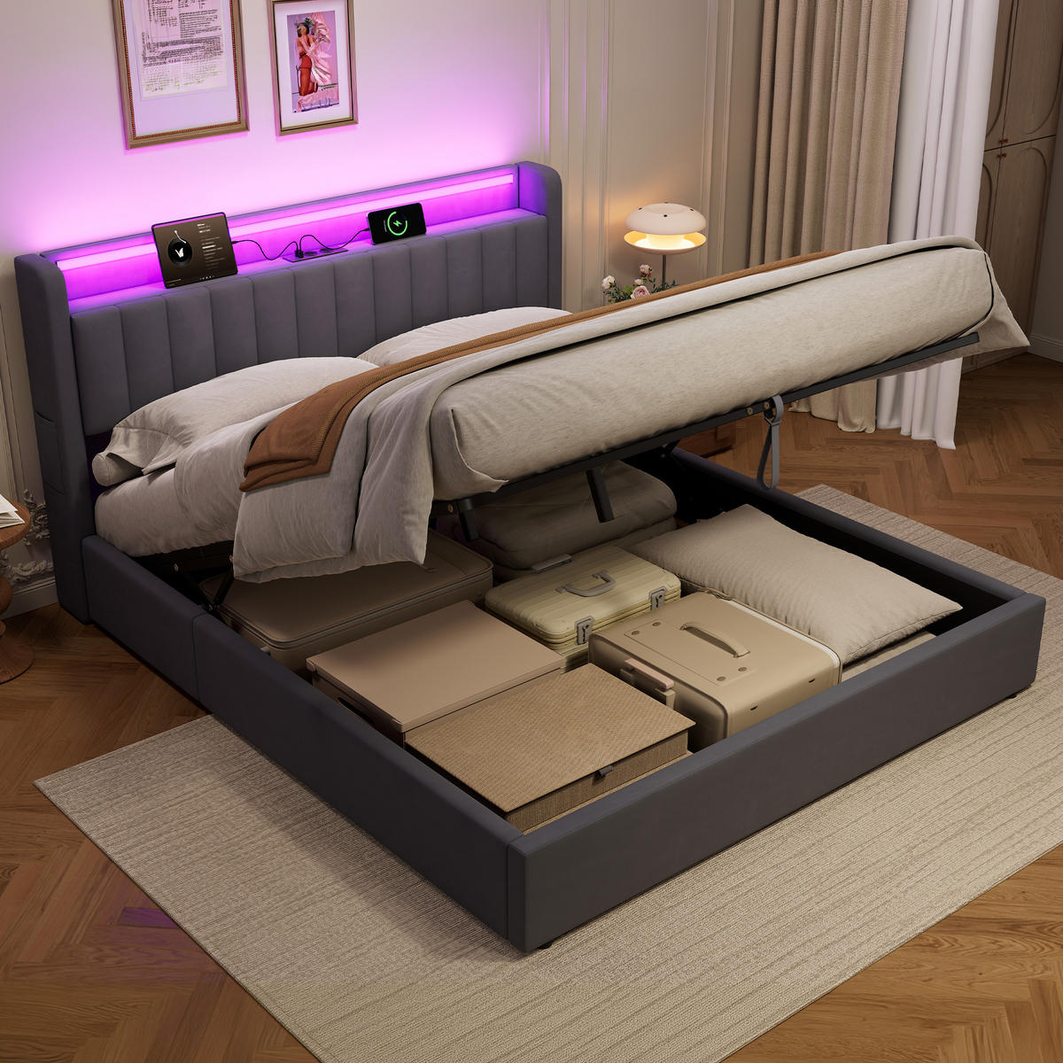 POLSTERBETT 180x200cm mit abgerundeten Kanten,mit Bettkasten und LED-Beleuchtung,Grau - Grau, Holzwerkstoff/Textil (180/200cm) - EVRYAE