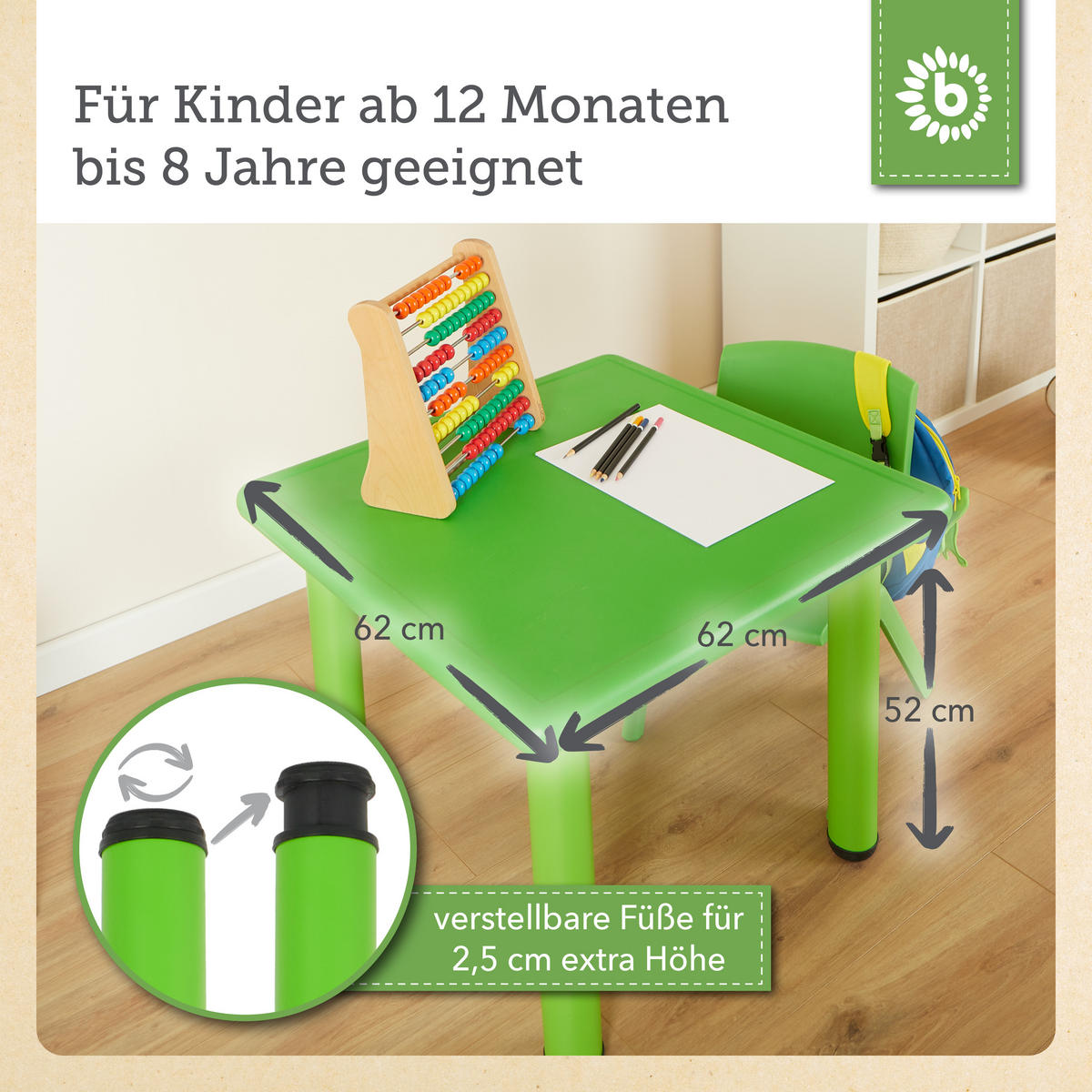KINDERTISCH mit 2 Stühlen innen u. außen - Grün, Kunststoff (62/52/62cm) - Bieco Spielwaren