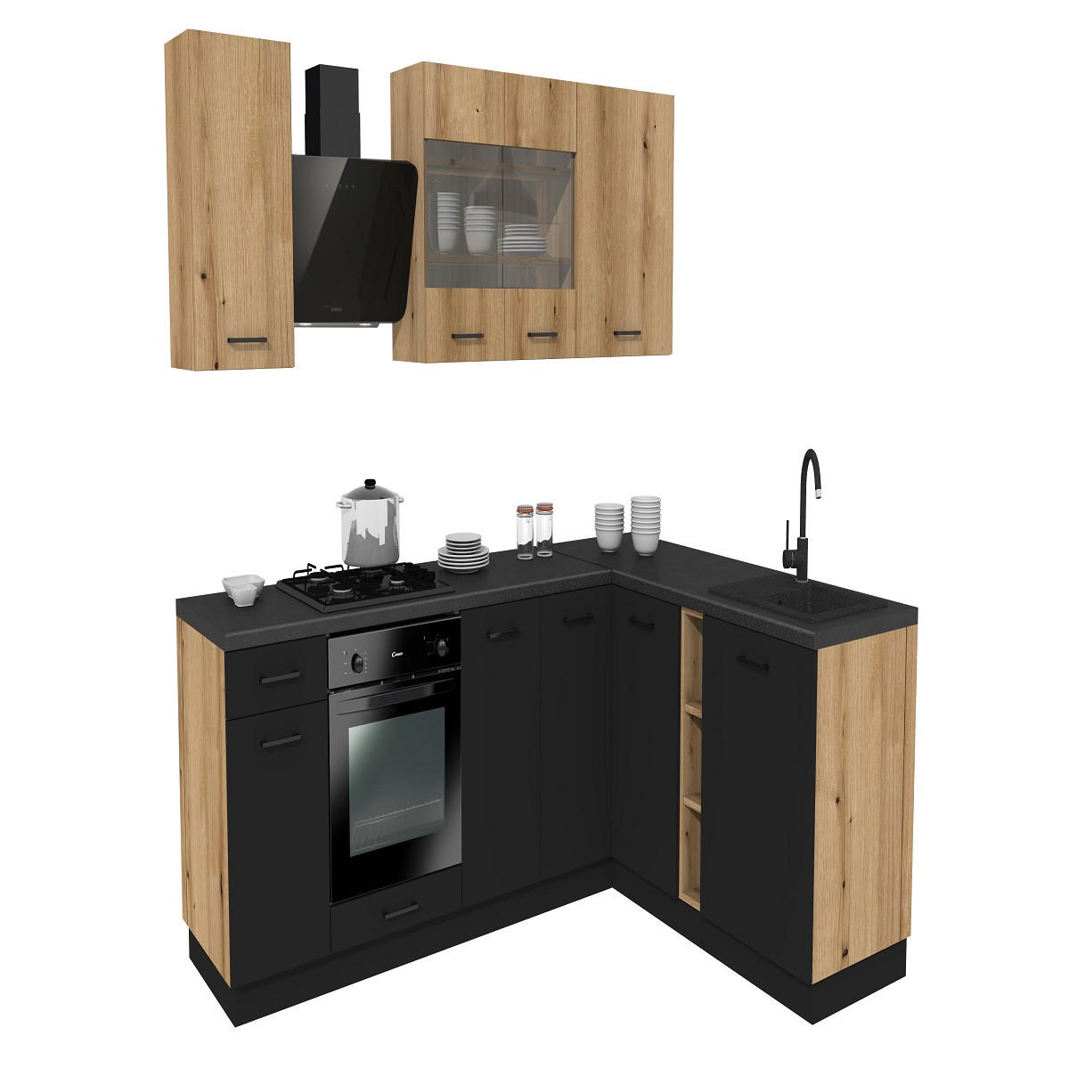 WINKELKÜCHE 240x180 cm mit Arbeitsplatte - SIMPLY Z5- in Eiche / Schwarz Matt - Schwarz/Eiche Artisan, Holz (420/212/53cm)