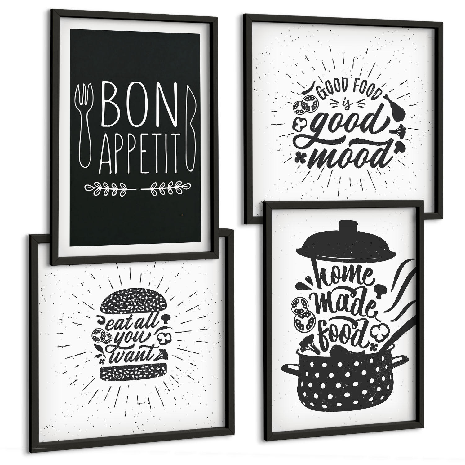 BILDER SET 4er Set - 50x50 cm & 40x60 cm Schwarzer Rahmen - Grafiken, Lebensmittel, kulinarische Slogans - Schwarz, Kunststoff (50/50cm) - TULUP