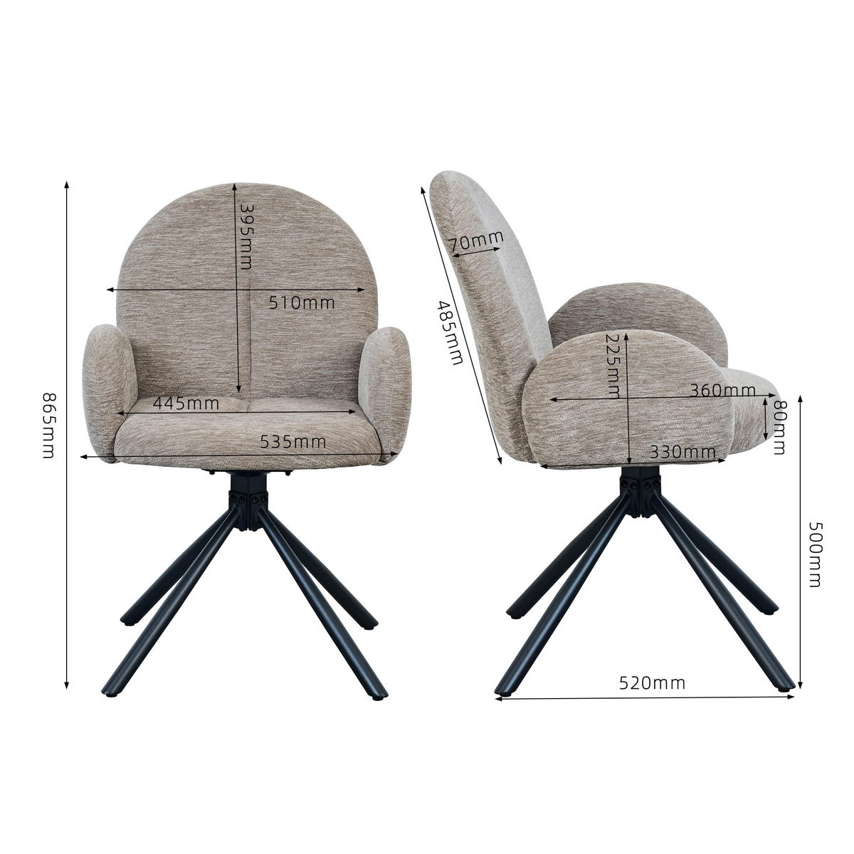 ARMLEHNSTUHL-SET DE-36849 2 Stück mit Drehfunktion Taupe - Taupe, Metall (36/86.5/53.5cm) - ComfortXL
