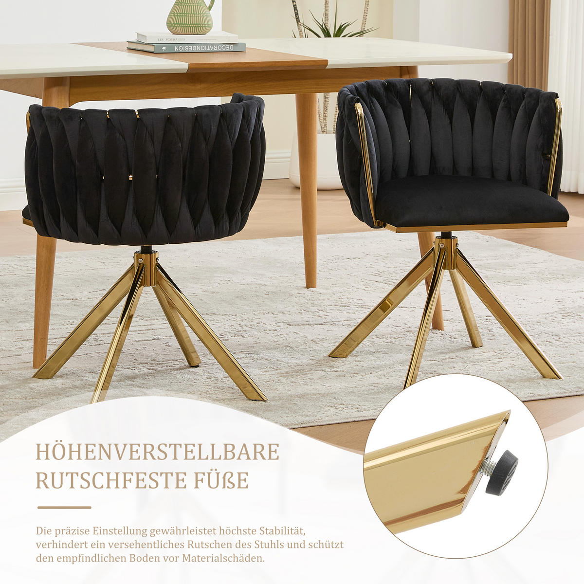 ARMLEHNSTUHL(SET à 2 Stück) mit Metallgestell - ergonomische Rückenlehne und 180° Schwenkfunktion - Schwarz - Schwarz, Textil/Metall (50/70/56cm) - KOMHTOM