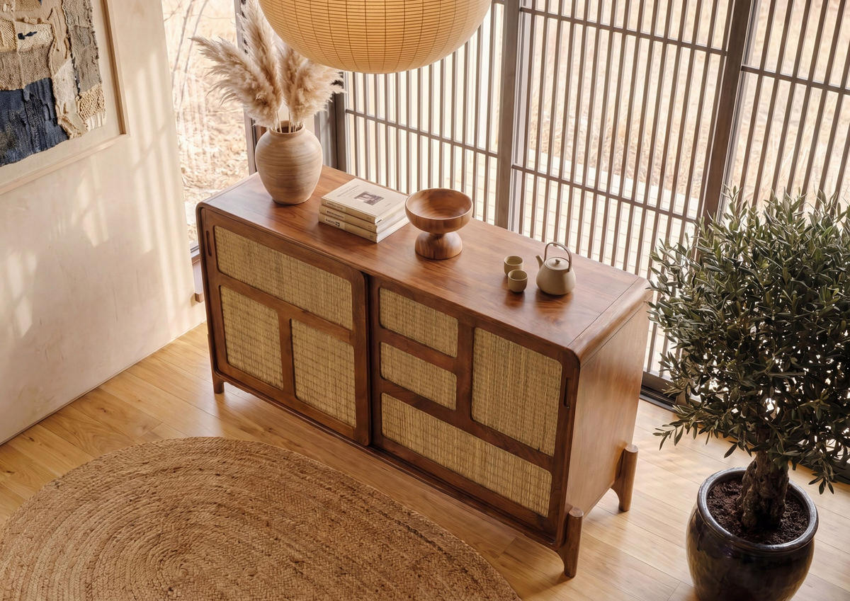 SIDEBOARD Mango/Seegras 150x40x80 hellbraun lackiert MIZUMI #100 - Braun, Holz (150/80/40cm) - Massivmoebel24