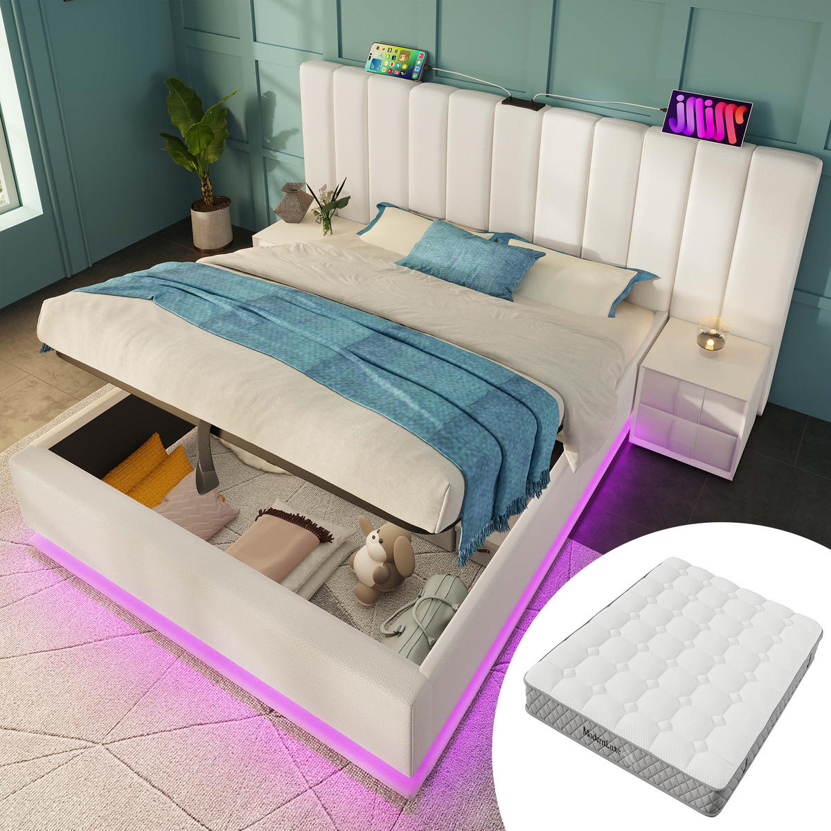 POLSTERBETT aus Kunstleder 180x200 cm in Weiß mit LED, Stauraum & Matratze - Weiß, Leder (180/200cm) - Modfu