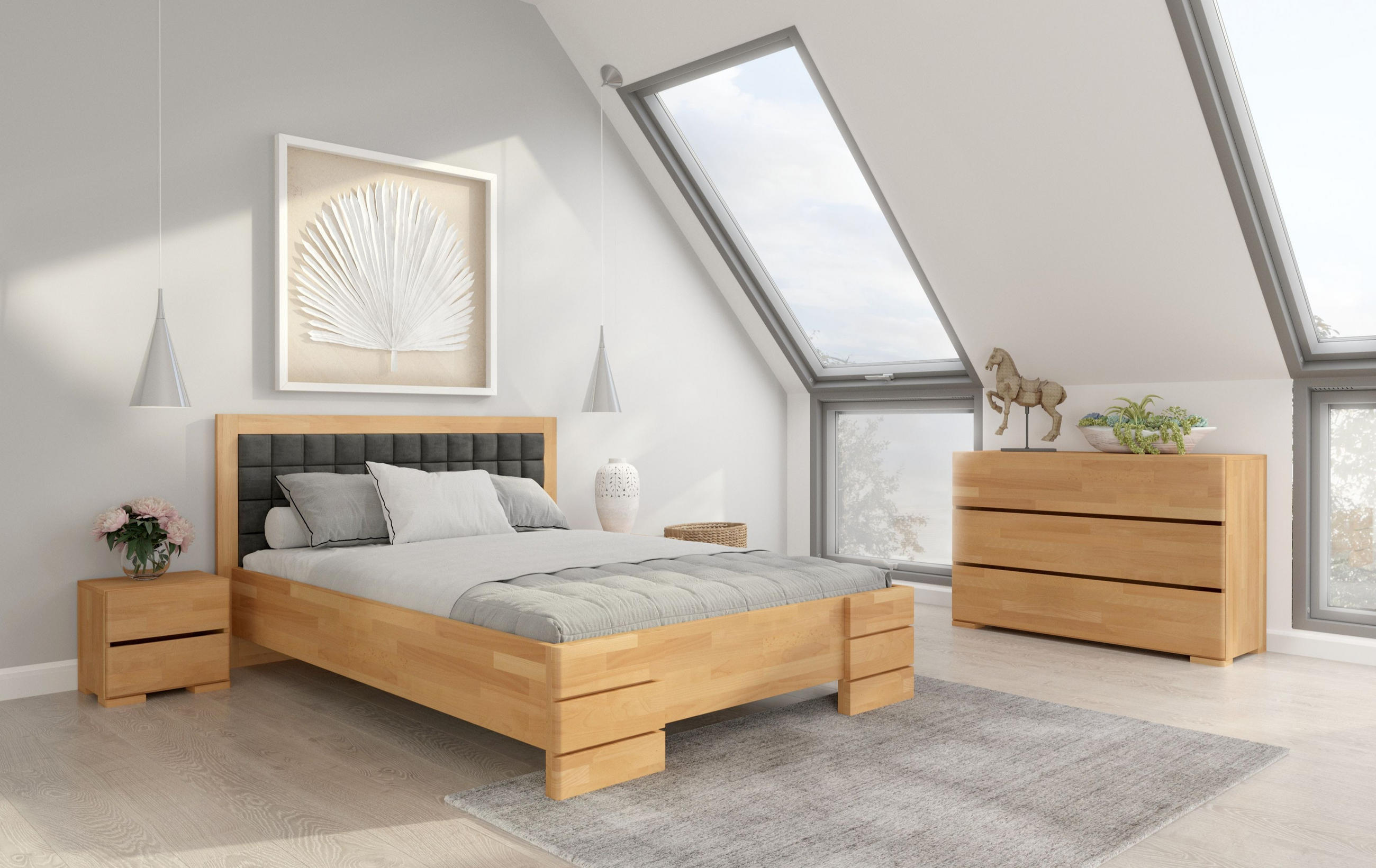 MASSIVHOLZBETT Gotland, gepolstertes Kopfteil, Buche - lackiert, Naturfarben-Grau, 140x200 - Buchefarben, Holz/Buchenholz (140/200cm) - Visby