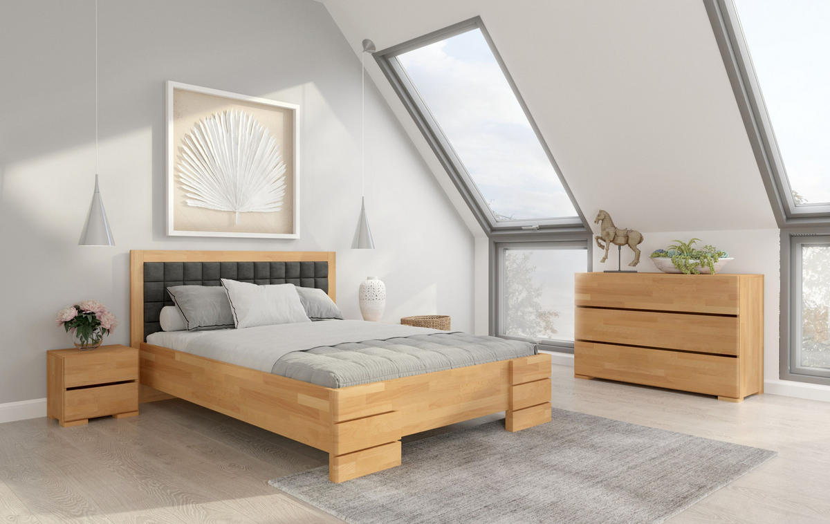 MASSIVHOLZBETT Gotland, gepolstertes Kopfteil, Buche - lackiert, Naturfarben-Grau, 160x200 - Buchefarben, Holz/Buchenholz (160/200cm) - Visby