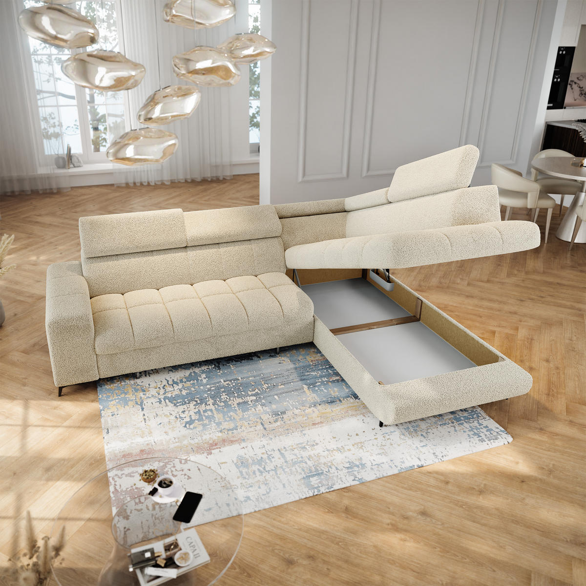 ECKSOFA MORIVA Q R-S Creme Boucle-Stoff mit Schlaffunktion - Creme, Holzwerkstoff/Textil (253/190cm) - MASSENO