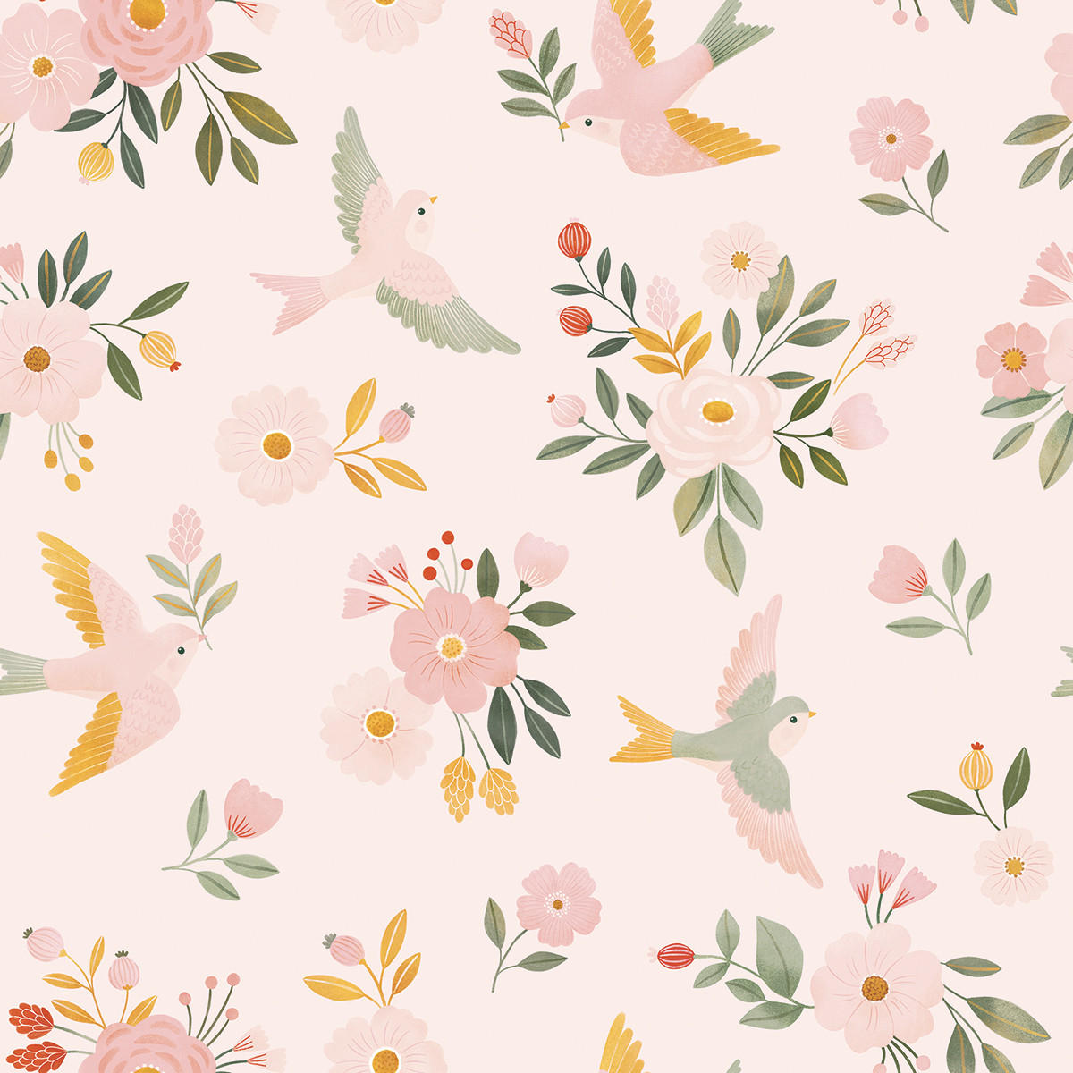 VLIESTAPETE Alysse, Vögel und Blumen 50 cm x 10 m, rosa - Pink/Rosa, Papier (1000/50cm) - Lilipinso