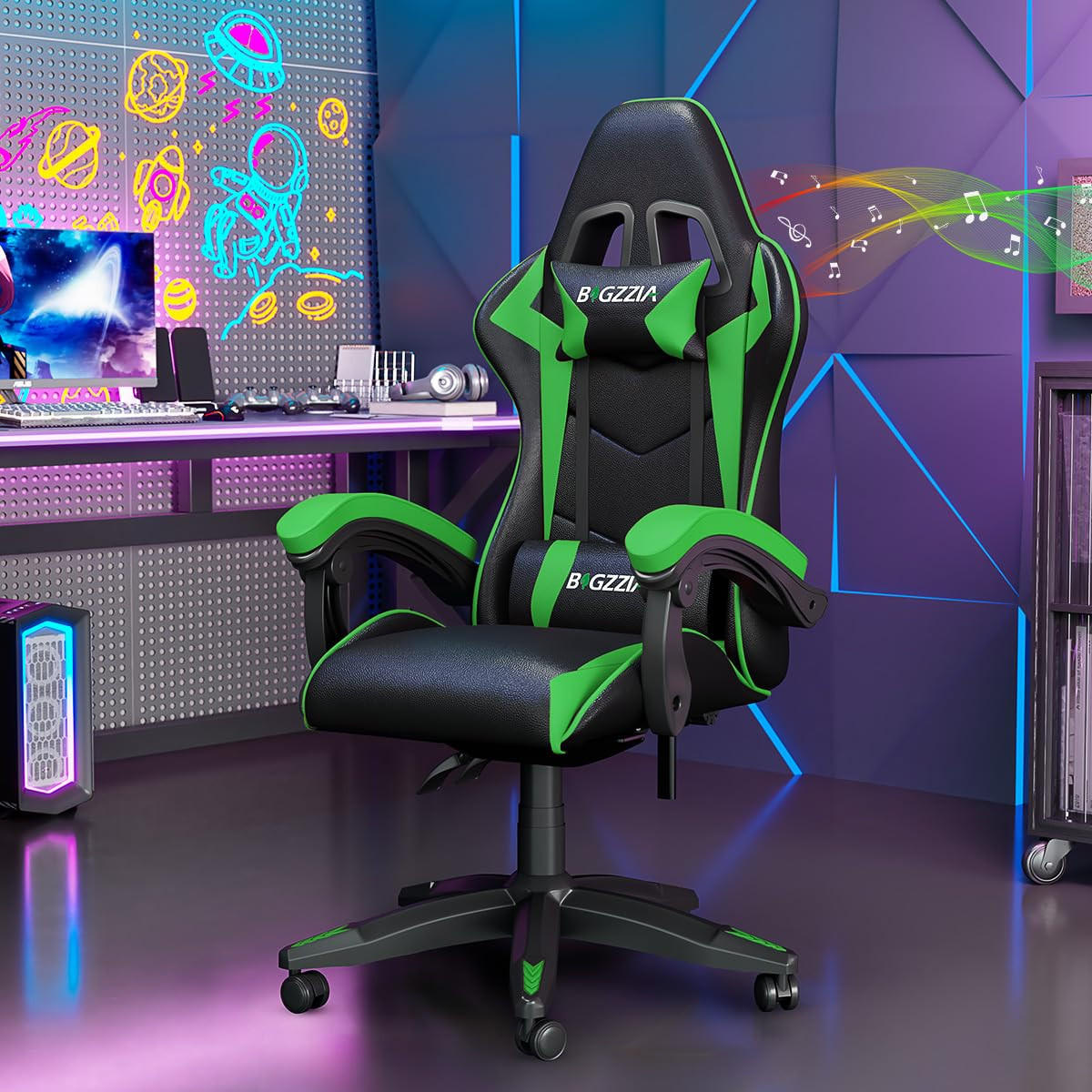 GAMINGSTUHL Schwarz-Grün mit Bluetooth Lautsprechern ergonomisch höhenverstellbar - Grün, Metall (66/124/58cm) - Rattrix