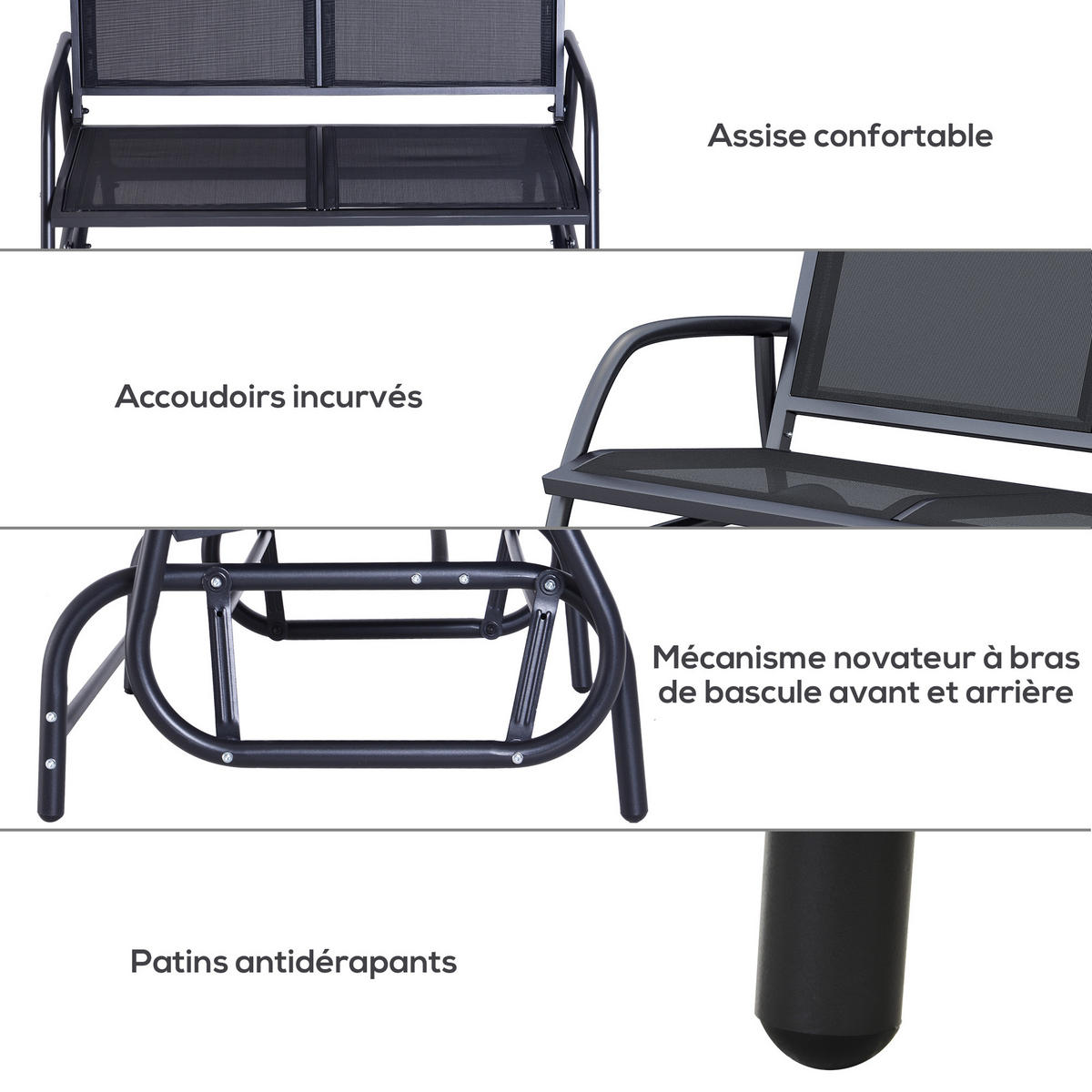 GARTENBANK DE-15219 2-Sitzer mit ergonomischen Armlehnen Schwarz - Schwarz, Metall (120/85/70cm) - ComfortXL
