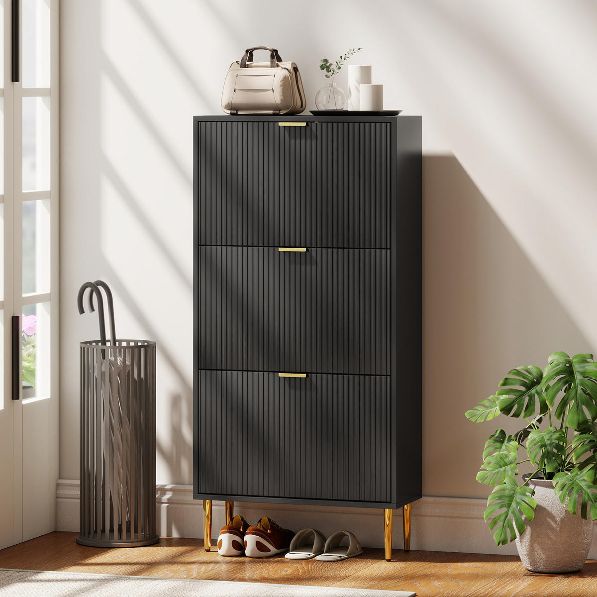 SCHUHSCHRANK Schwarz MDF und Stahl klappbar mit 3 Fächern 1 Stück - Schwarz, Holzwerkstoff (60/128/24cm) - PANGIVO