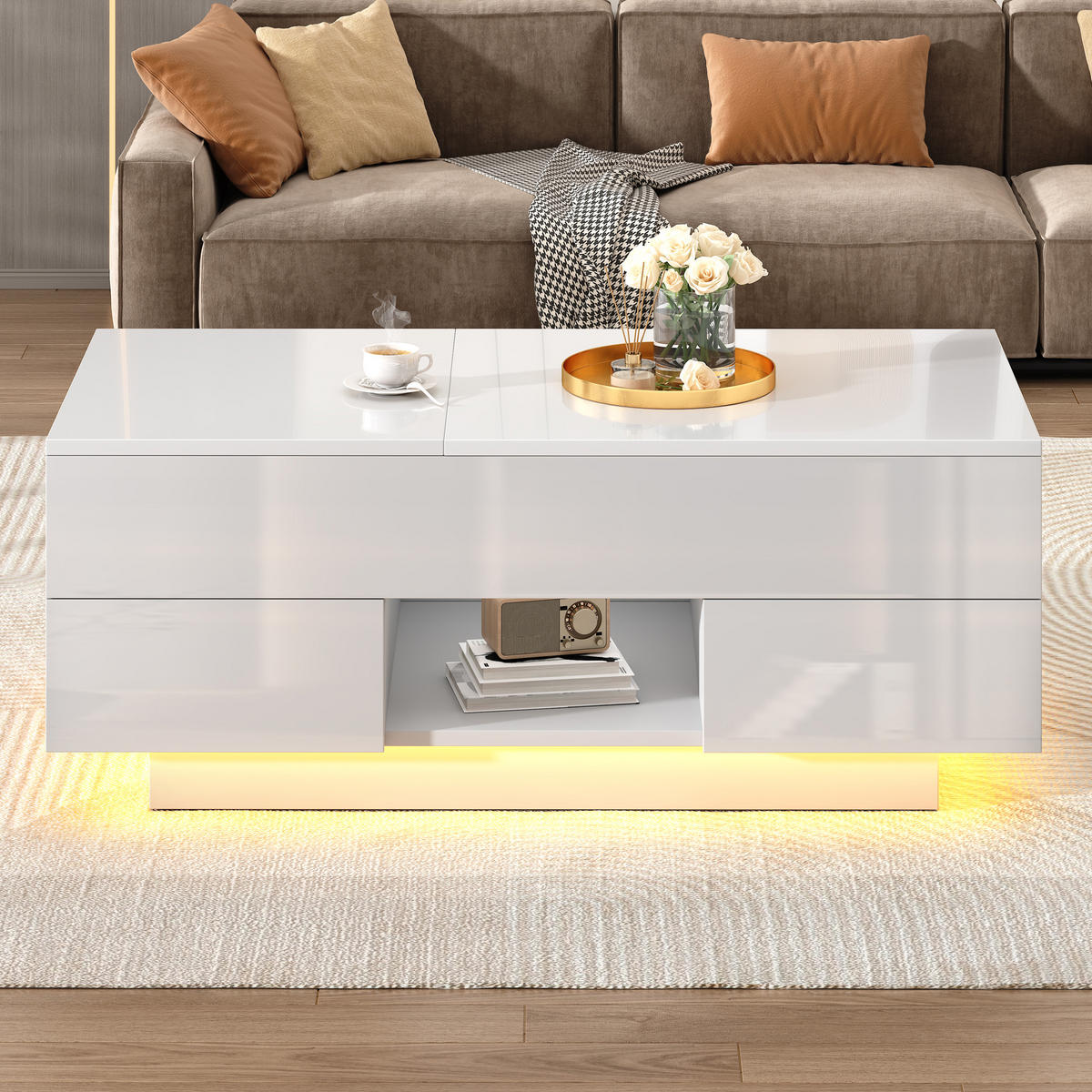 COUCHTISCH anhebbar Weiß LED 2 Schubladen 100x45x43cm - Weiß, Holzwerkstoff (100/45/43cm) - FLIEKS