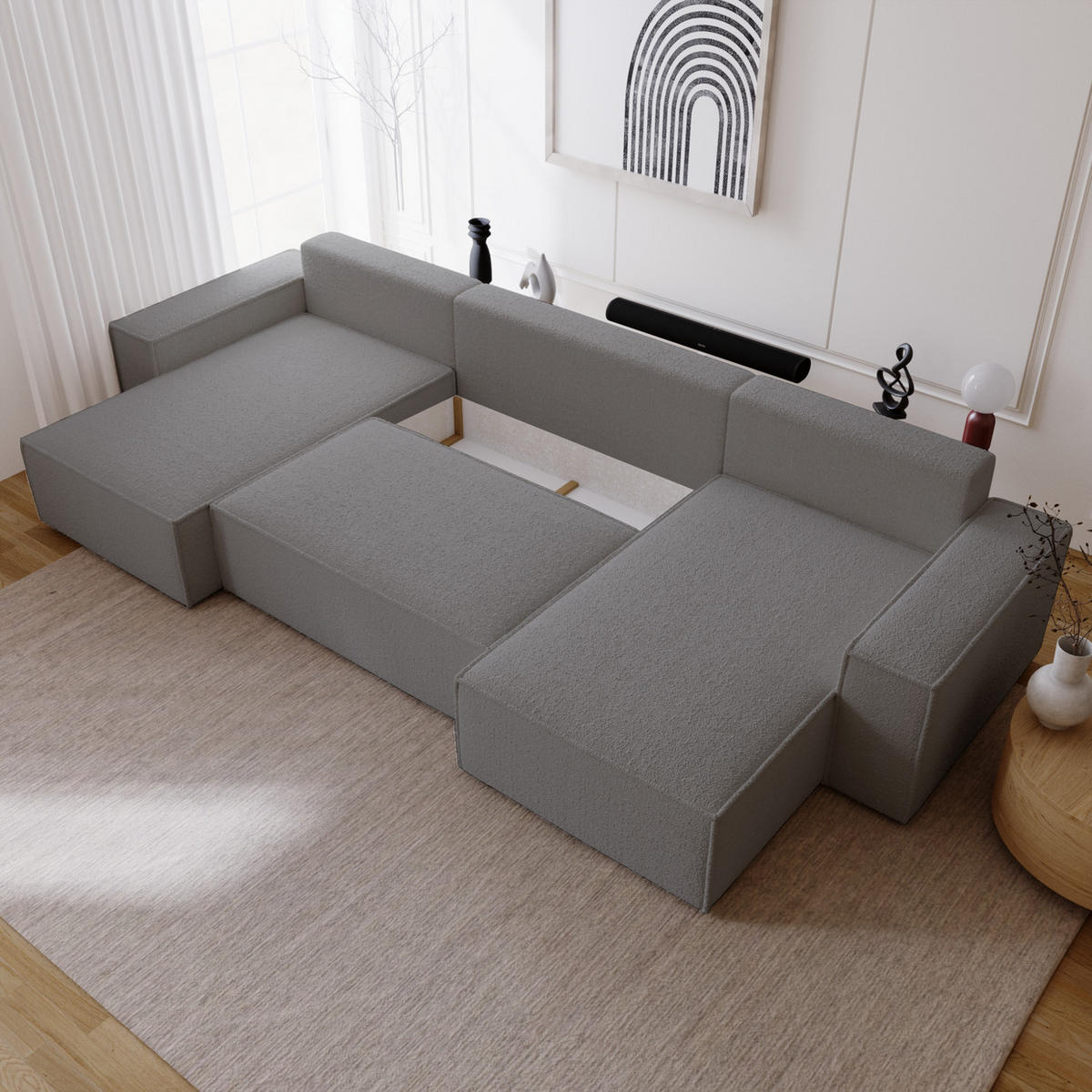 ECKCOUCH Bergamo U Bouclé mit Schlaffunktion, 380 cm, Dunkelgrau - Dunkelgrau, Holz (377/189cm) - Emporius