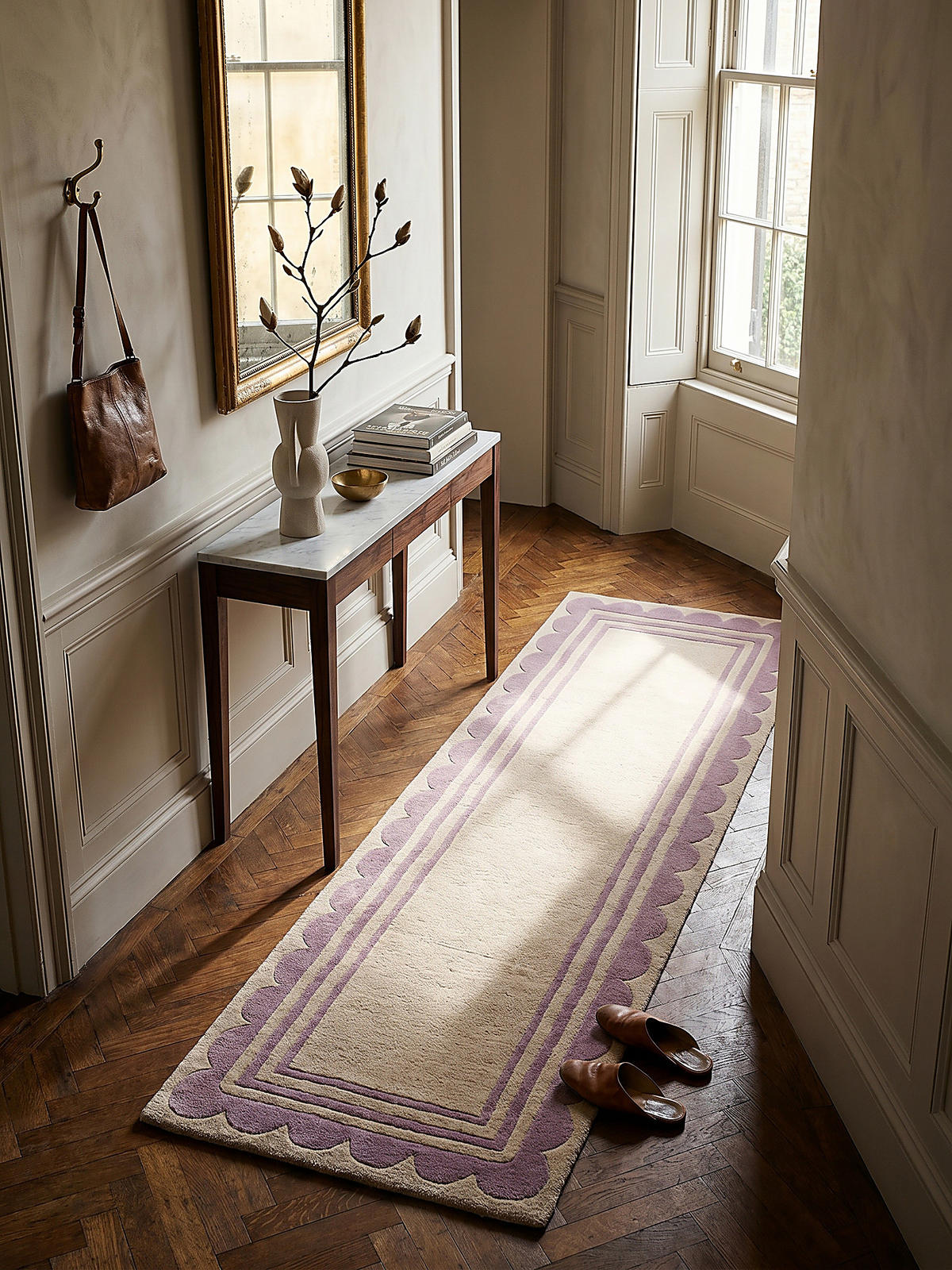 WOLLTEPPICH Grafisches Muster, Rahmen, Wohnzimmer schmutzabweisend Lila-Beige Läufer 80x230 - Lila, Textil (230/80cm) - KADIMA DESIGN