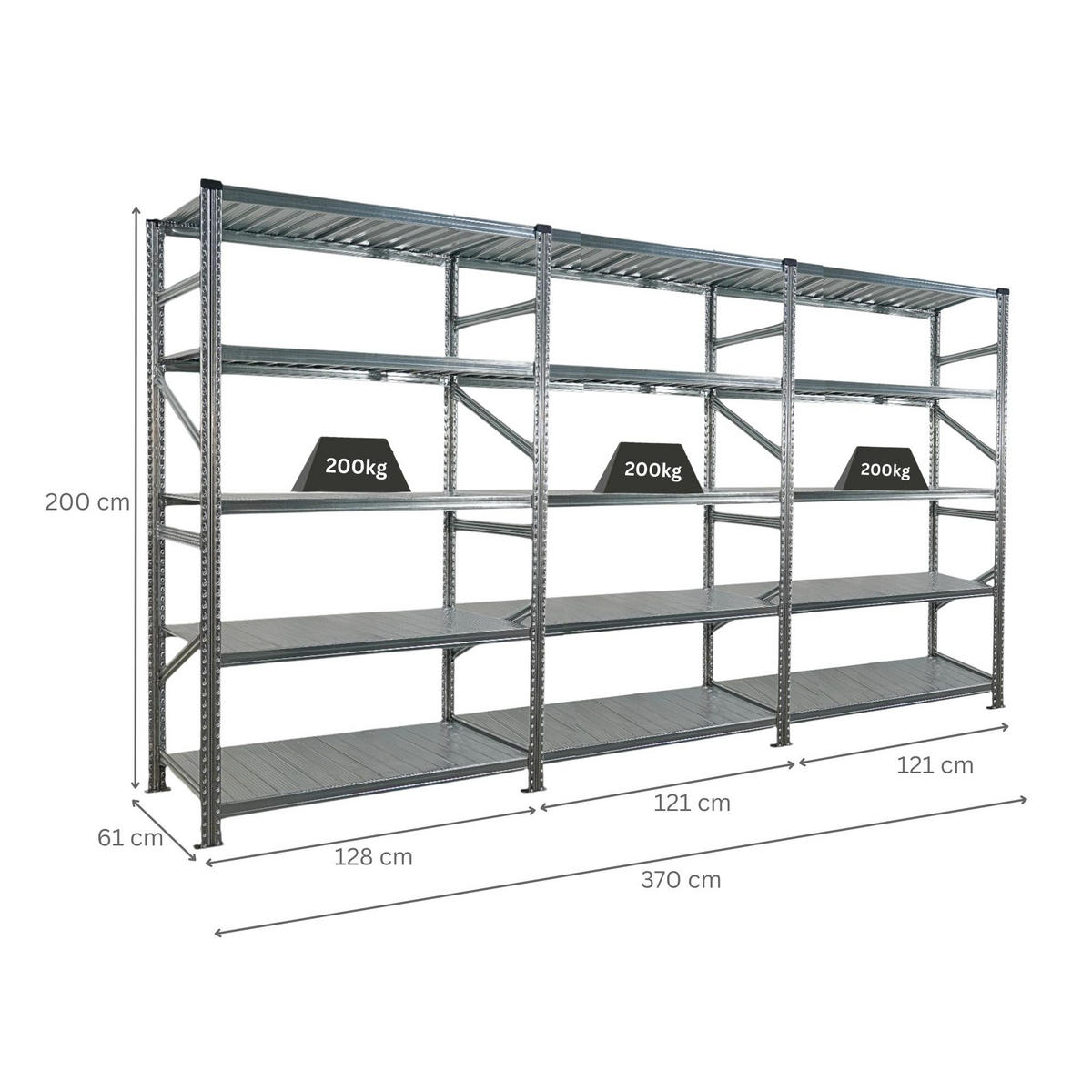 FACHBODENREGAL Proximo Stecksystem 200x360x60cm 5 Ebenen Fachlast 200 kg Beidseitig nutzbar Verzinkt - Silberfarben, Metall (360/200/60cm) - PROREGAL