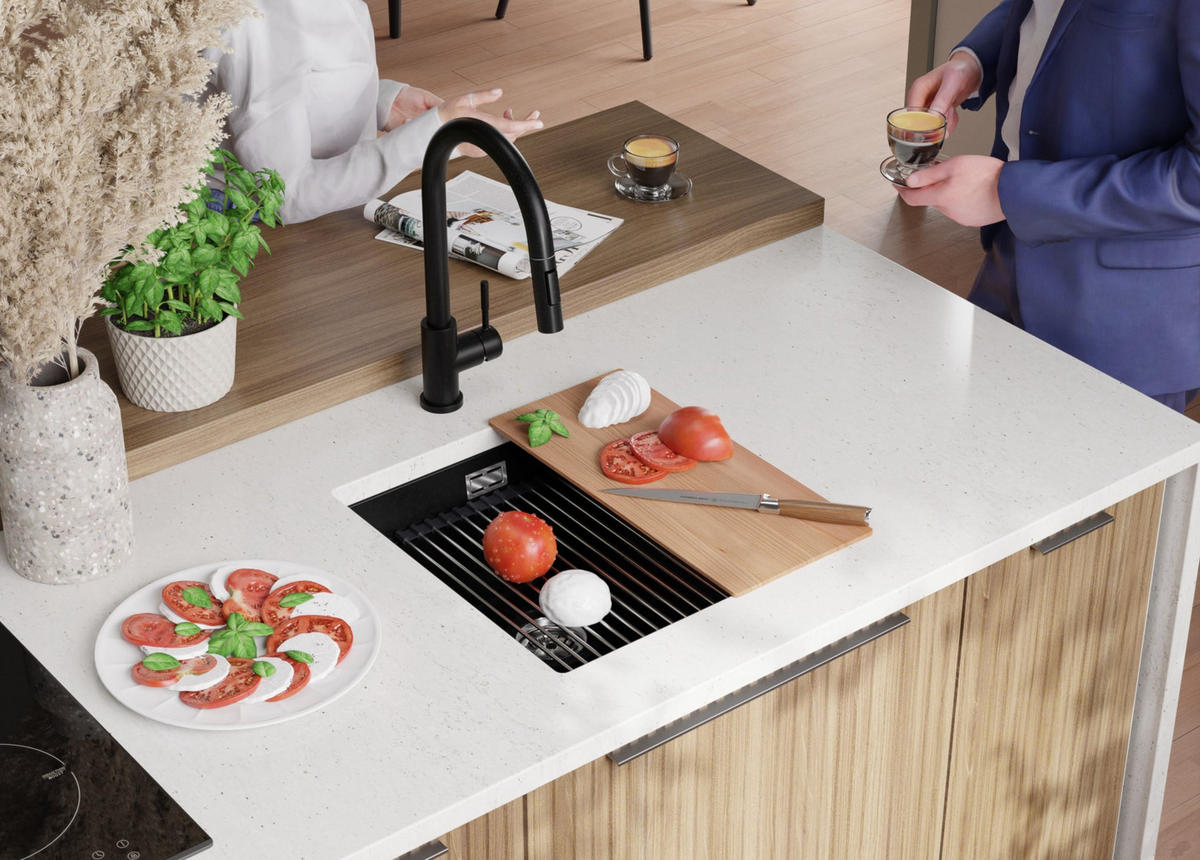 UNTERBAUSPÜLE GRANIT Praga, 2-er set Schwarz 46/47 cm 1 Becken + Ablauf-Set + Aufrollbare Abtropffläche ab 50er Unterschrank - Chromfarben/Schwarz, Kunststoff (46/20/47cm) - Primagran