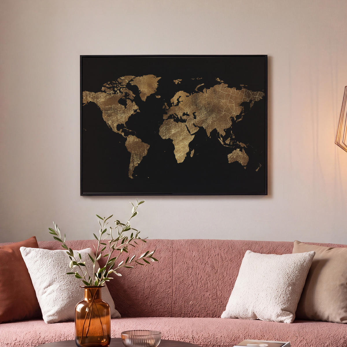 LEINWAND Bilder mit Rahmen - Weltkarte - Gold - Luxus - Erde - Schwarz - 70x50 - Goldfarben, Textil (70/50cm) - MuchoWow