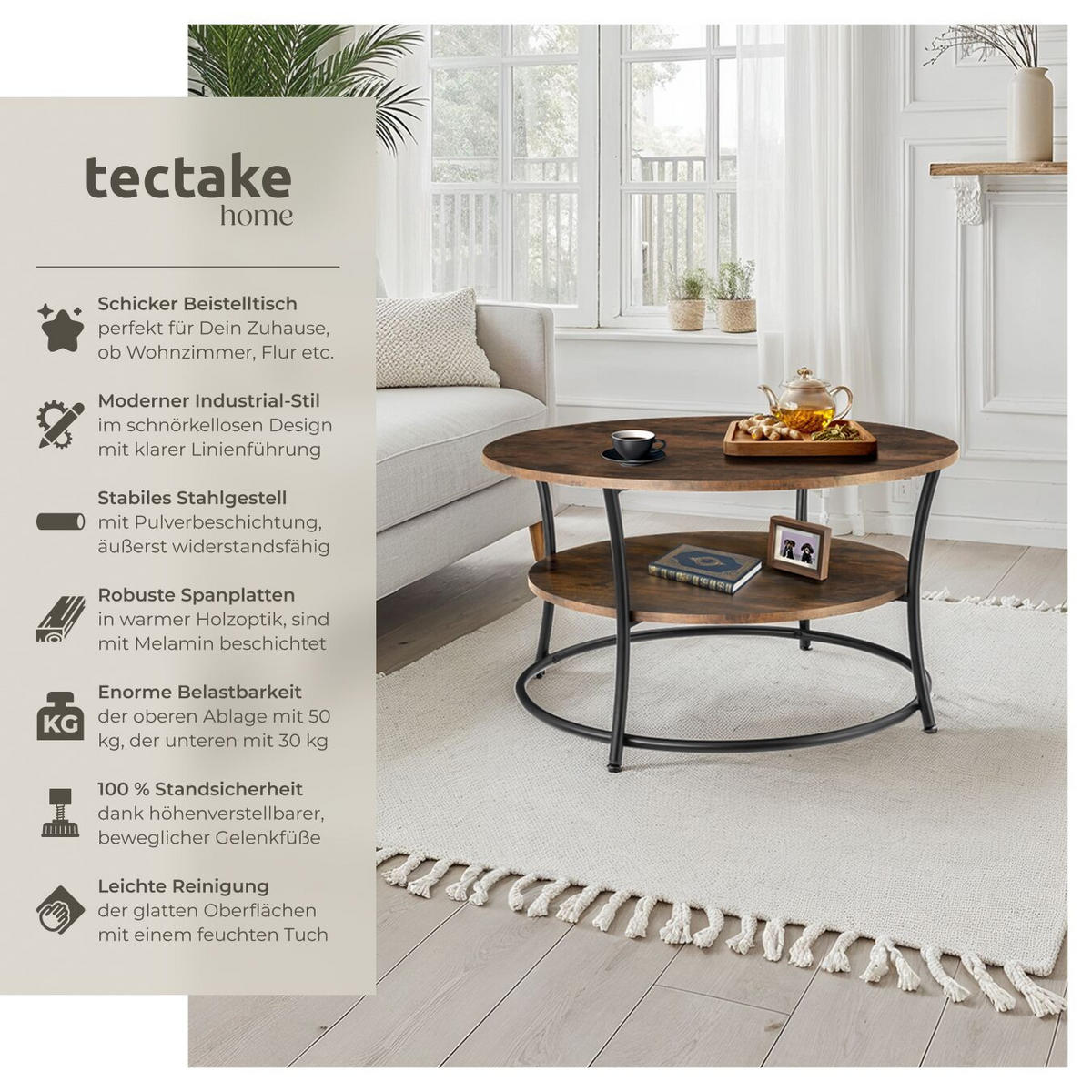 COUCHTISCH Cromford,80 x 46 cm,Industrial Holz dunkel, rustikal - Rostfarben, Holzwerkstoff (80/80/46cm) - tectake