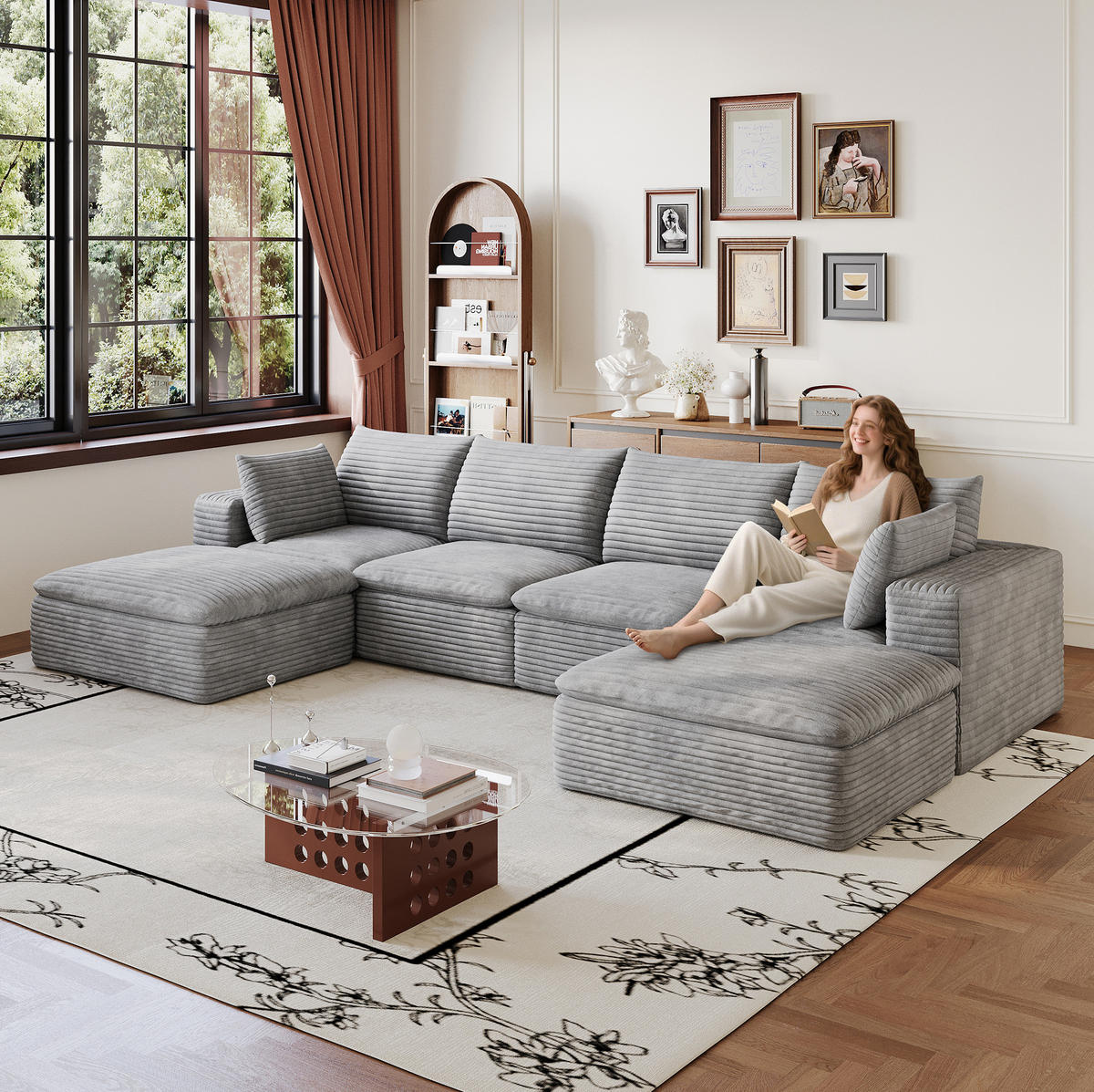 WOHNLANDSCHAFT aus Stoff 340 cm Grau mit abnehmbarer Polsterung und Schaumstoffkern - Grau, Textil (340/60/160cm) - Modfu