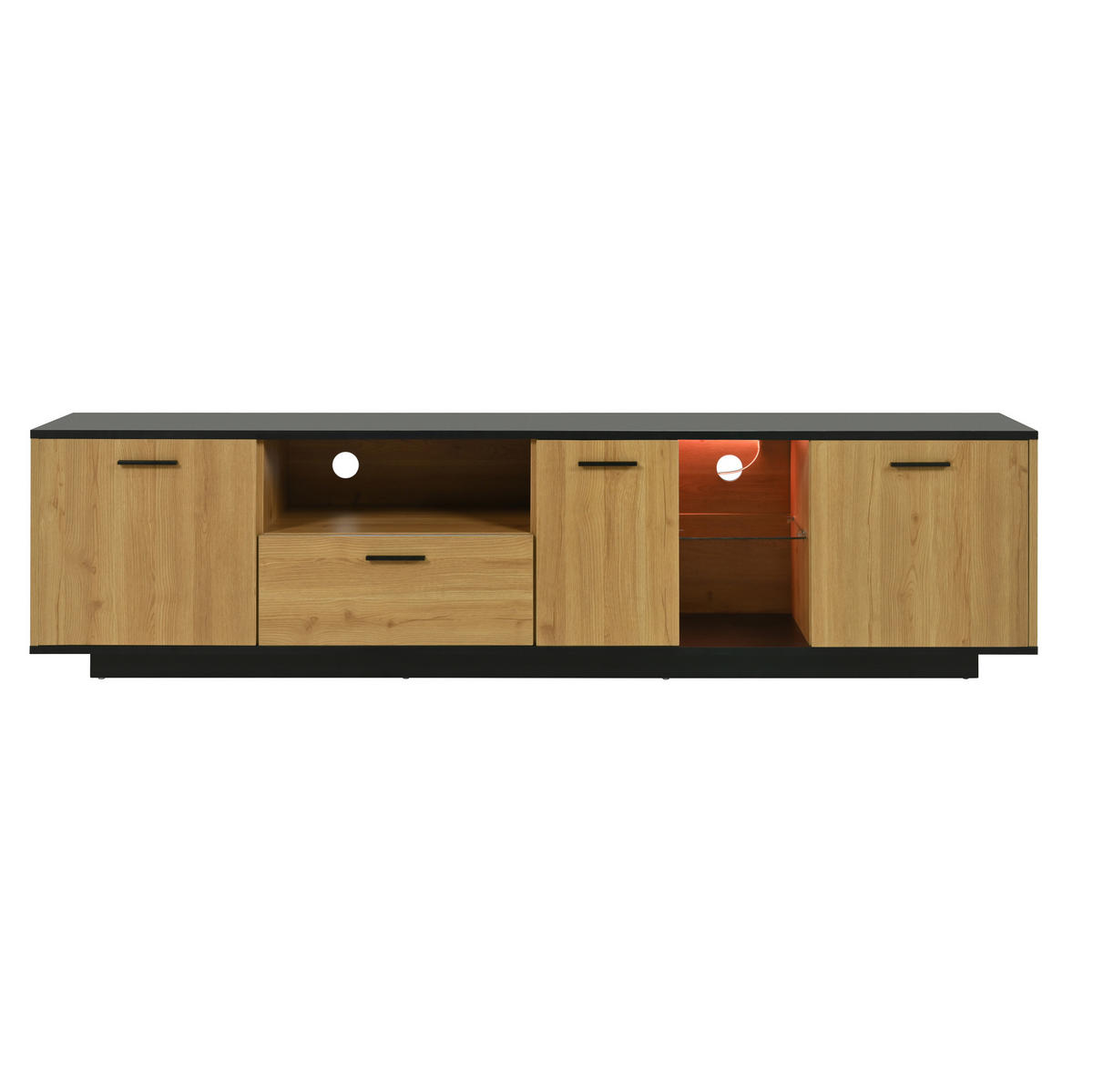TV stolek z MDF 180x37x45 cm černá a dekor dřeva s LED osvětlením, 3 dvířky a zásuvkou - černá, kompozitní dřevo (180/45/37cm) - Modfu