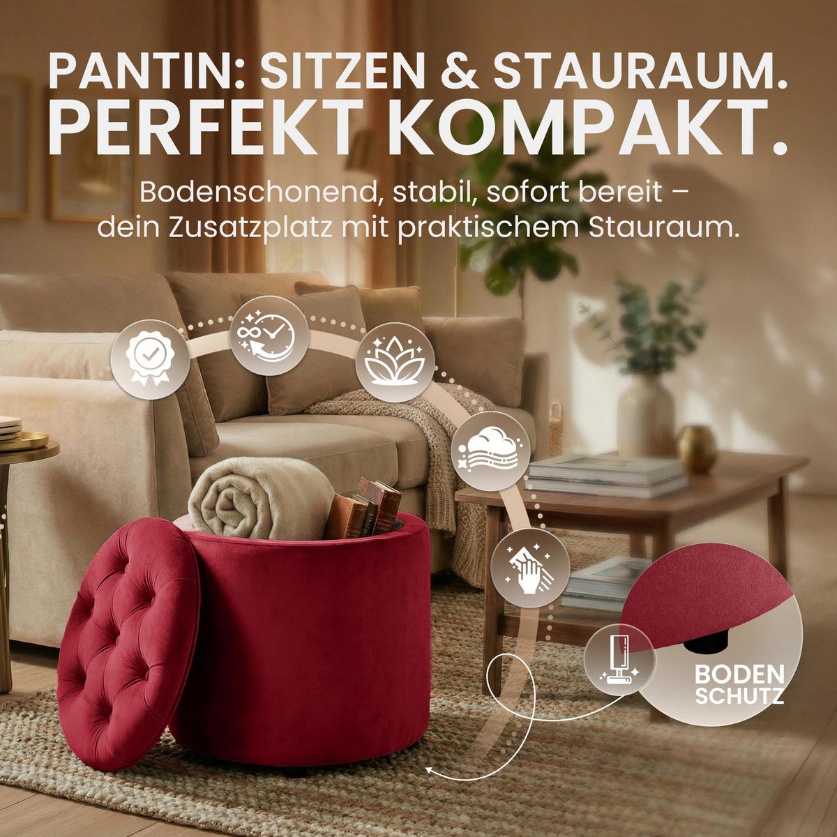 SITZWÜRFEL Samt Rot - Rot/Schwarz, Kunststoff/Textil (44/42/44cm) - CLP