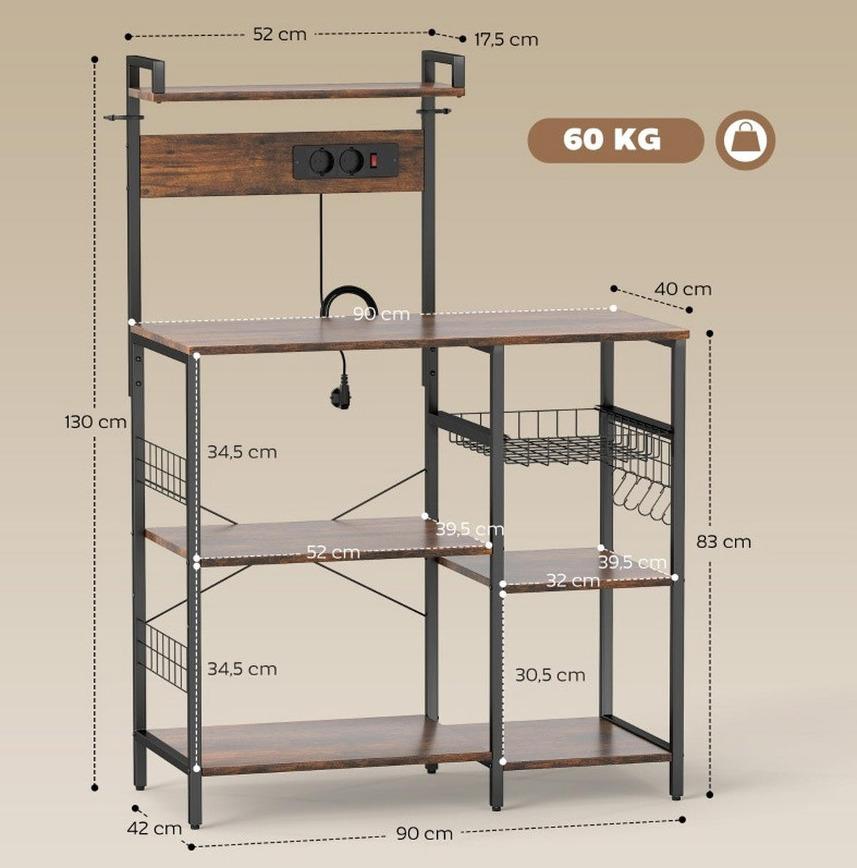 STANDREGAL Küchenregal 90/42/130 cm mit 5 Ebenen, Steckdosen und Haken - Braun, Holz (90/130/42cm) - BEAOK