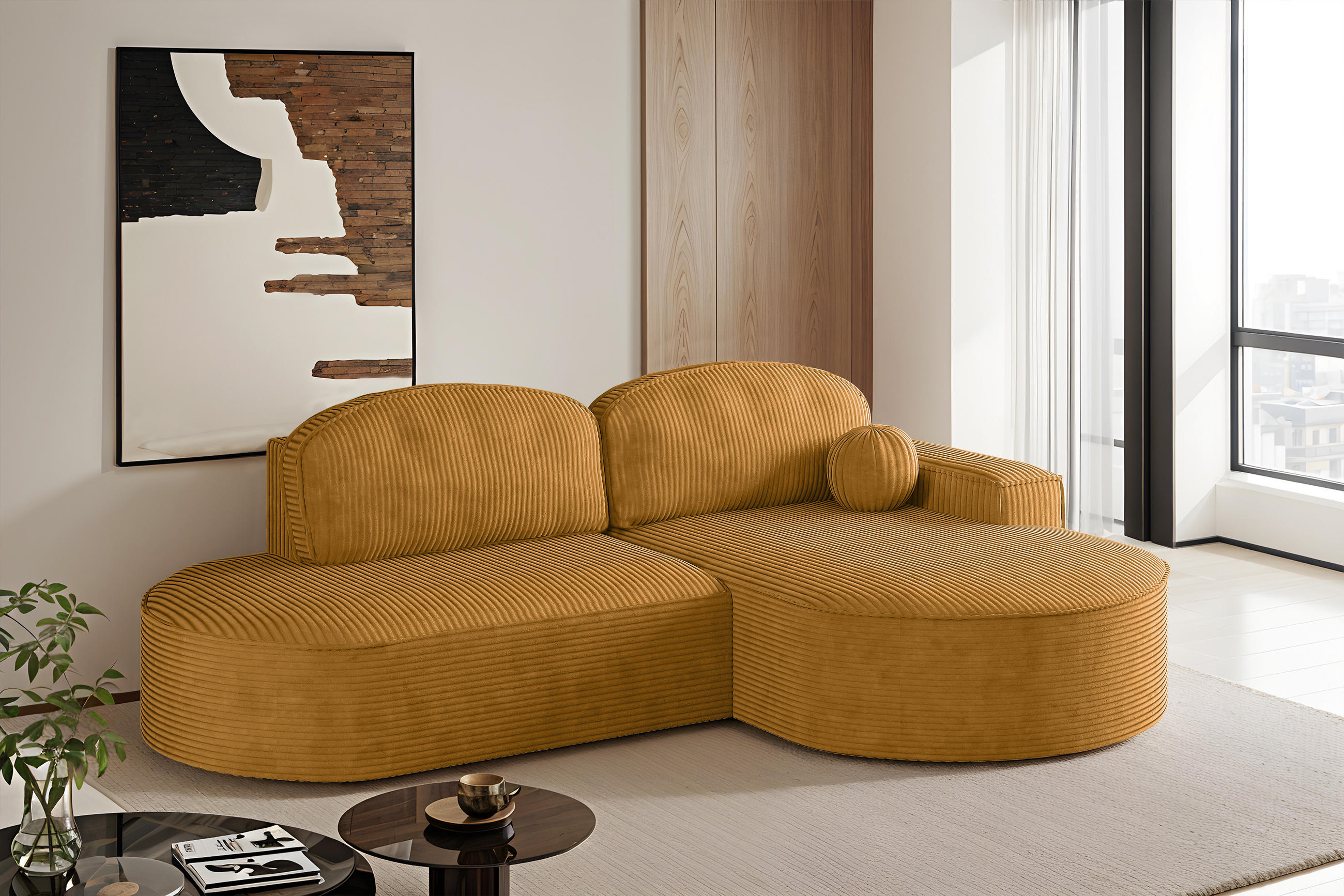 ECKSOFA mit Schlaffunktion und Bettkasten Modena Runden stoff Poso Senffarbe Rechts - Gelb, Holz/Textil (278/179cm) - Kaiser Möbel