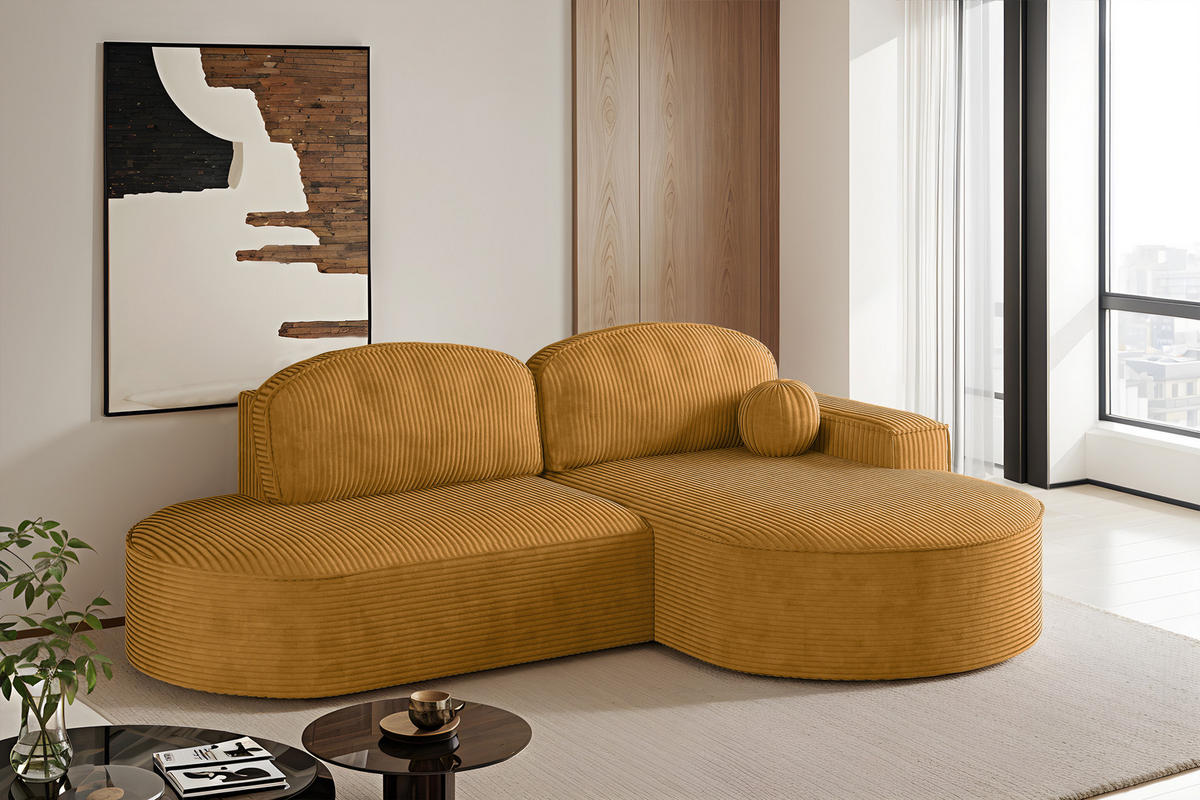 ECKSOFA mit Schlaffunktion und Bettkasten Modena Runden stoff Poso Senffarbe Rechts - Gelb, Holz/Textil (278/179cm) - Kaiser Möbel
